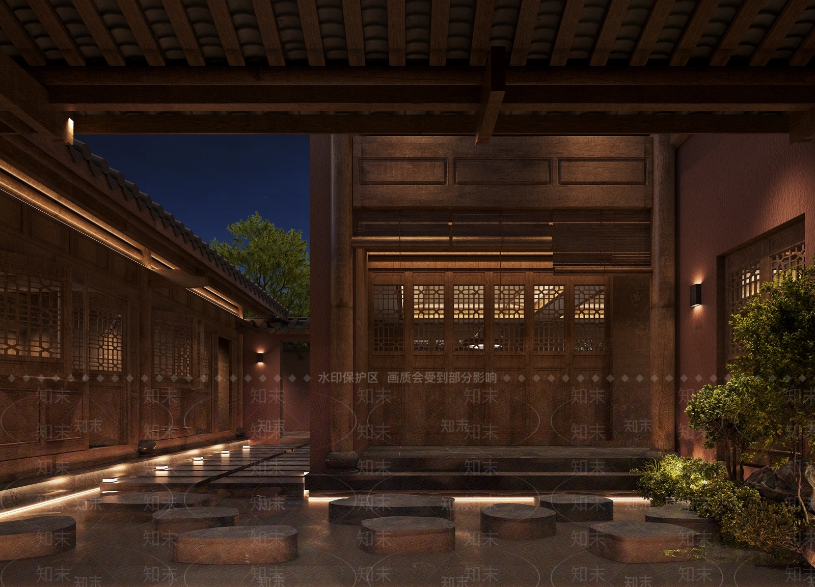 新中式中餐厅庭院景观3D模型下载【ID:1125003581】