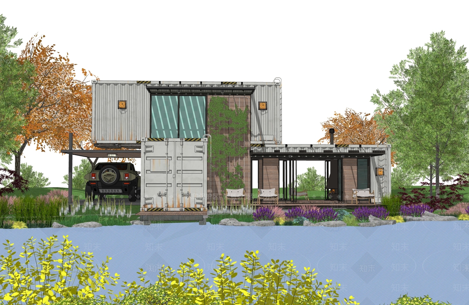 现代集装箱建筑SU模型下载【ID:1125009123】