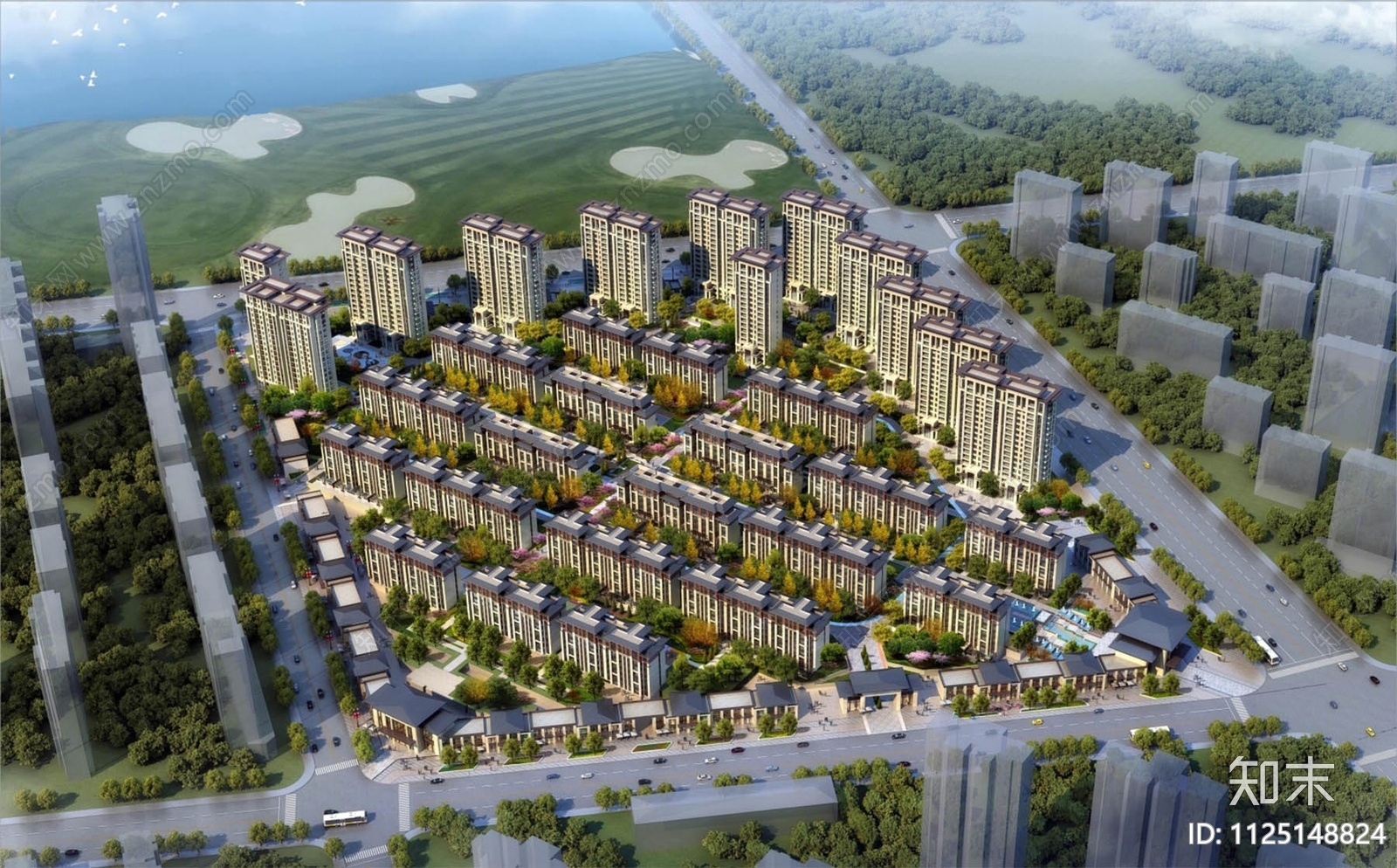 新中式小区建筑SU模型下载【ID:1125148824】