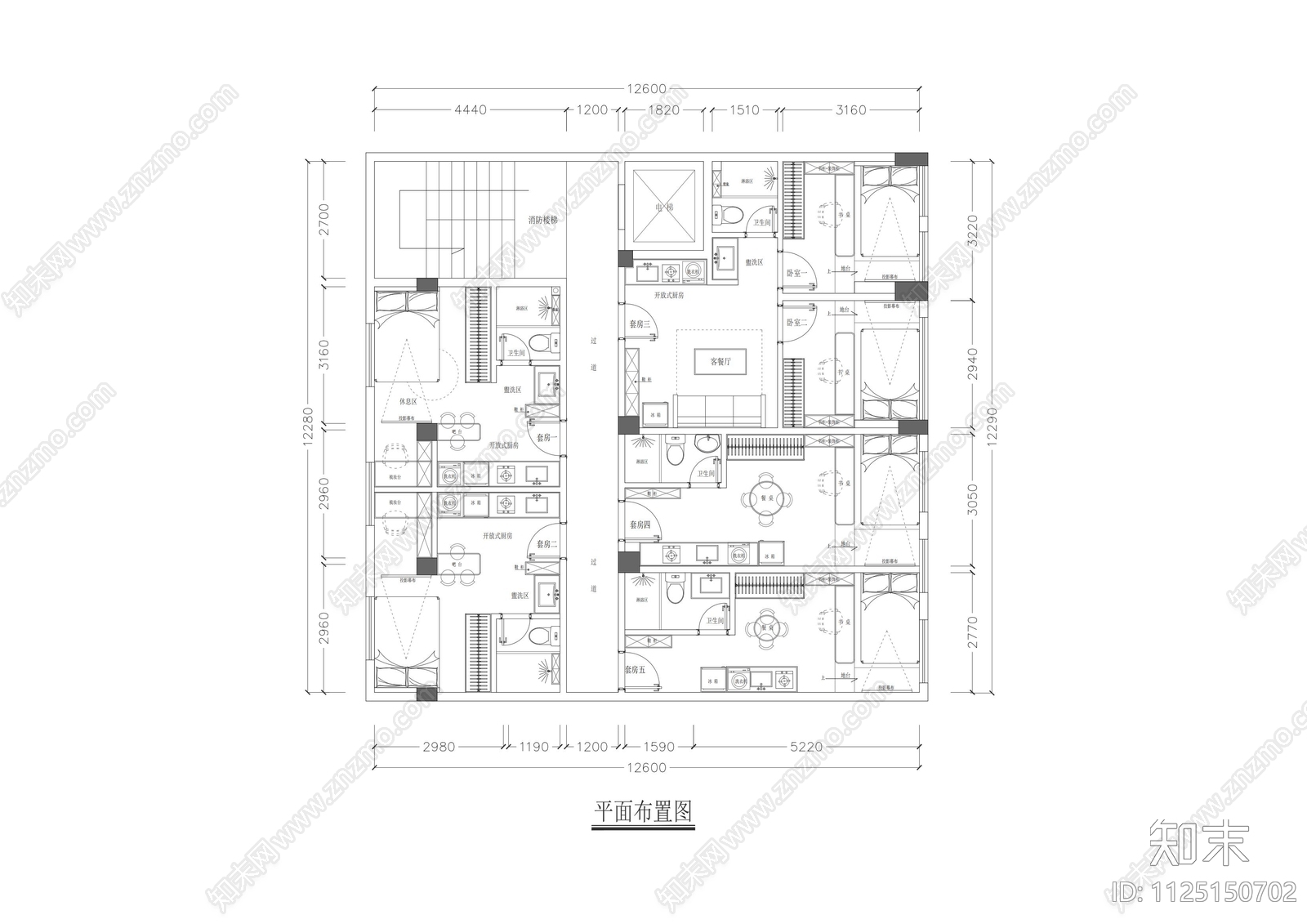 144m²5套小公寓平面方案cad施工图下载【ID:1125150702】