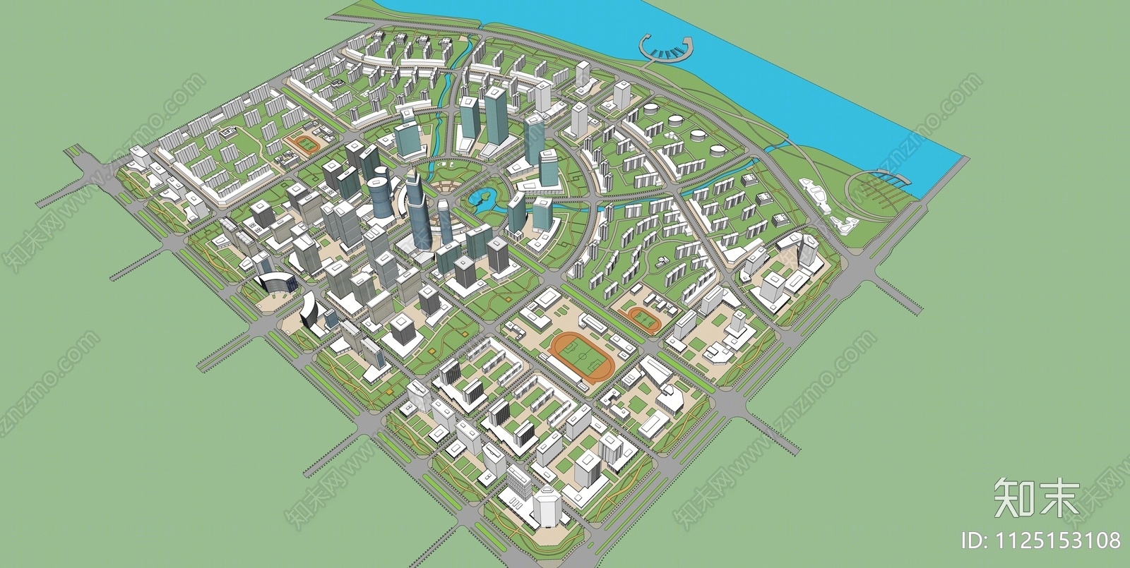 现代鸟瞰图城市规划SU模型下载【ID:1125153108】