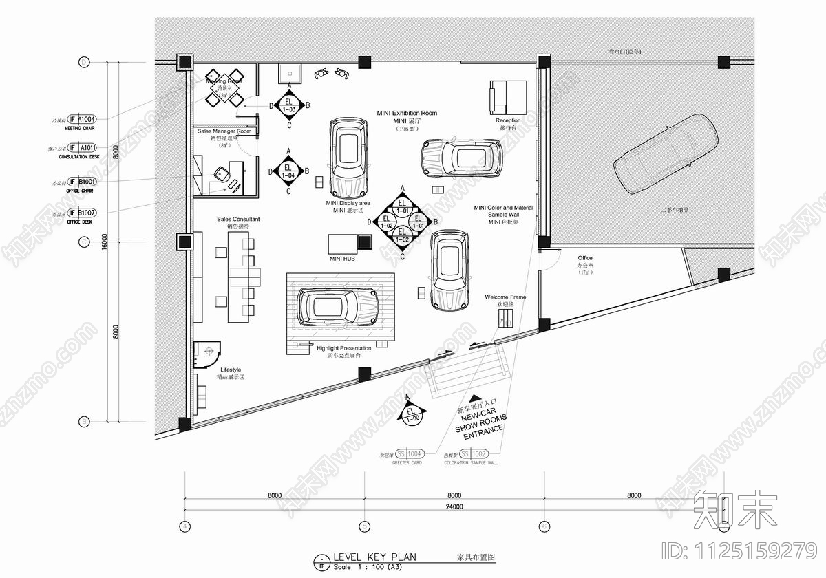 MINI4S店汽车销售展厅CAD施工图施工图下载【ID:1125159279】