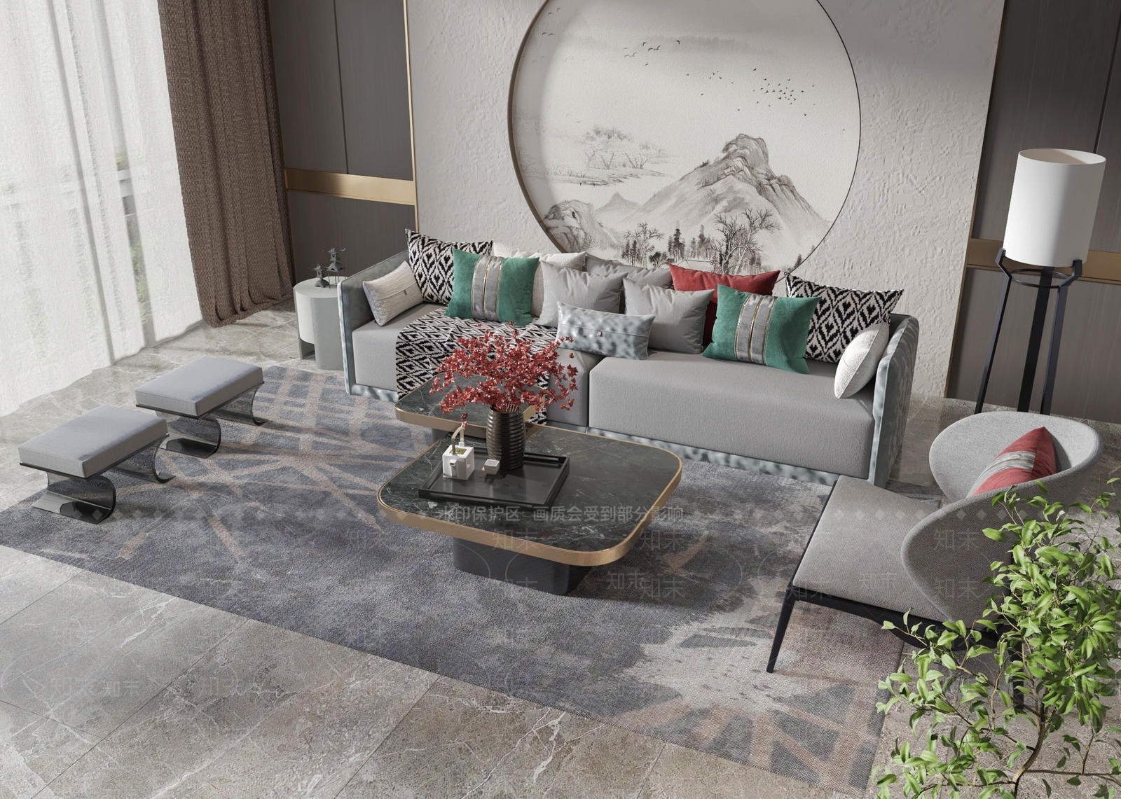 新中式沙发茶几组合3D模型下载【ID:1125170905】_知末3d模型网