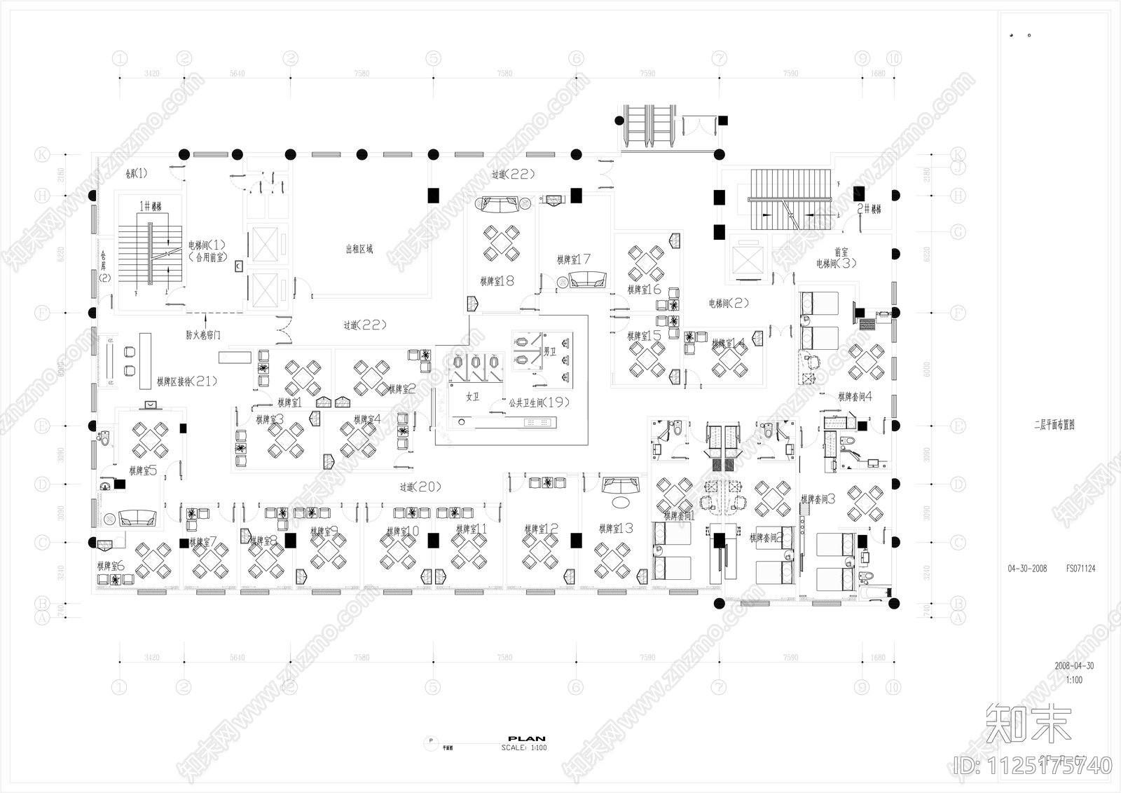 麻将房棋牌室CADcad施工图下载【ID:1125175740】