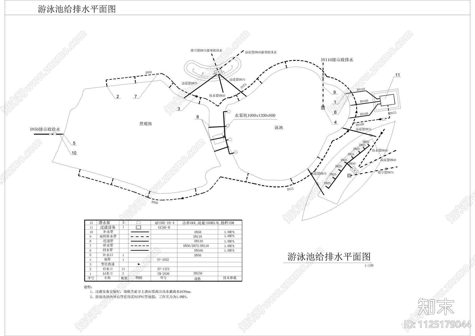 游泳池给排水平面图cad施工图下载【ID:1125179044】