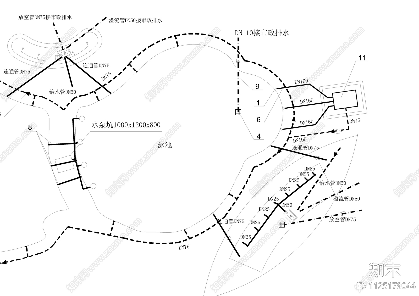 游泳池给排水平面图cad施工图下载【ID:1125179044】