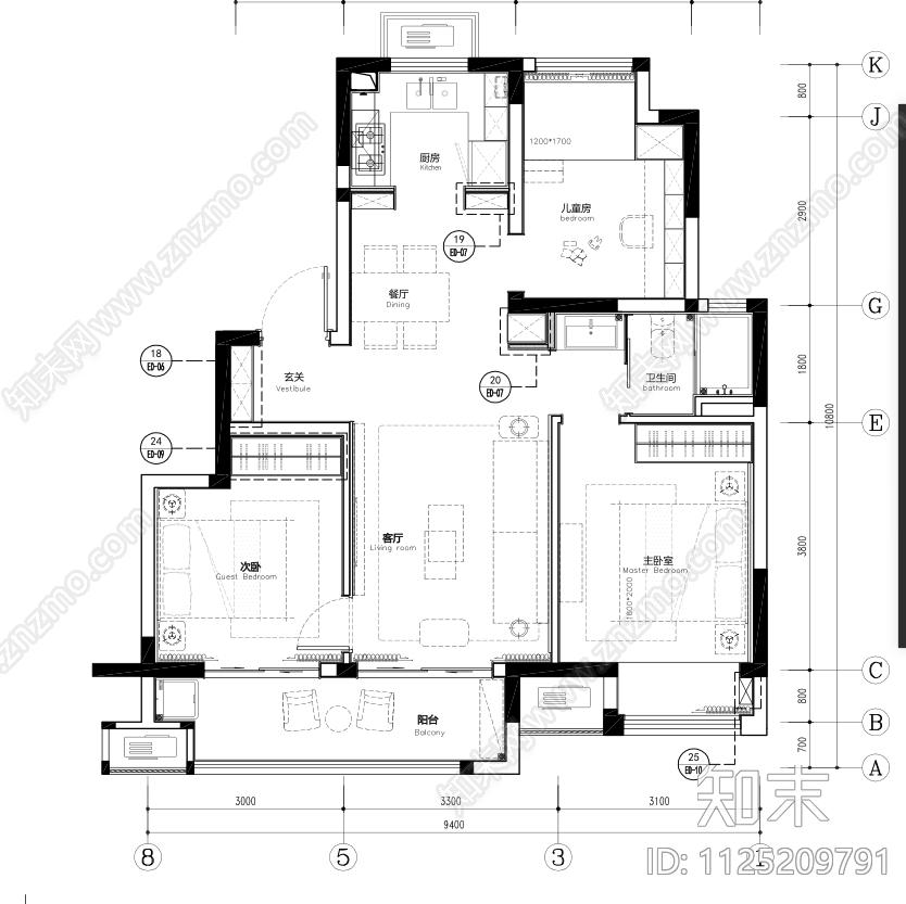 常州遥观89户型样板间效果图cad施工图下载【ID:1125209791】