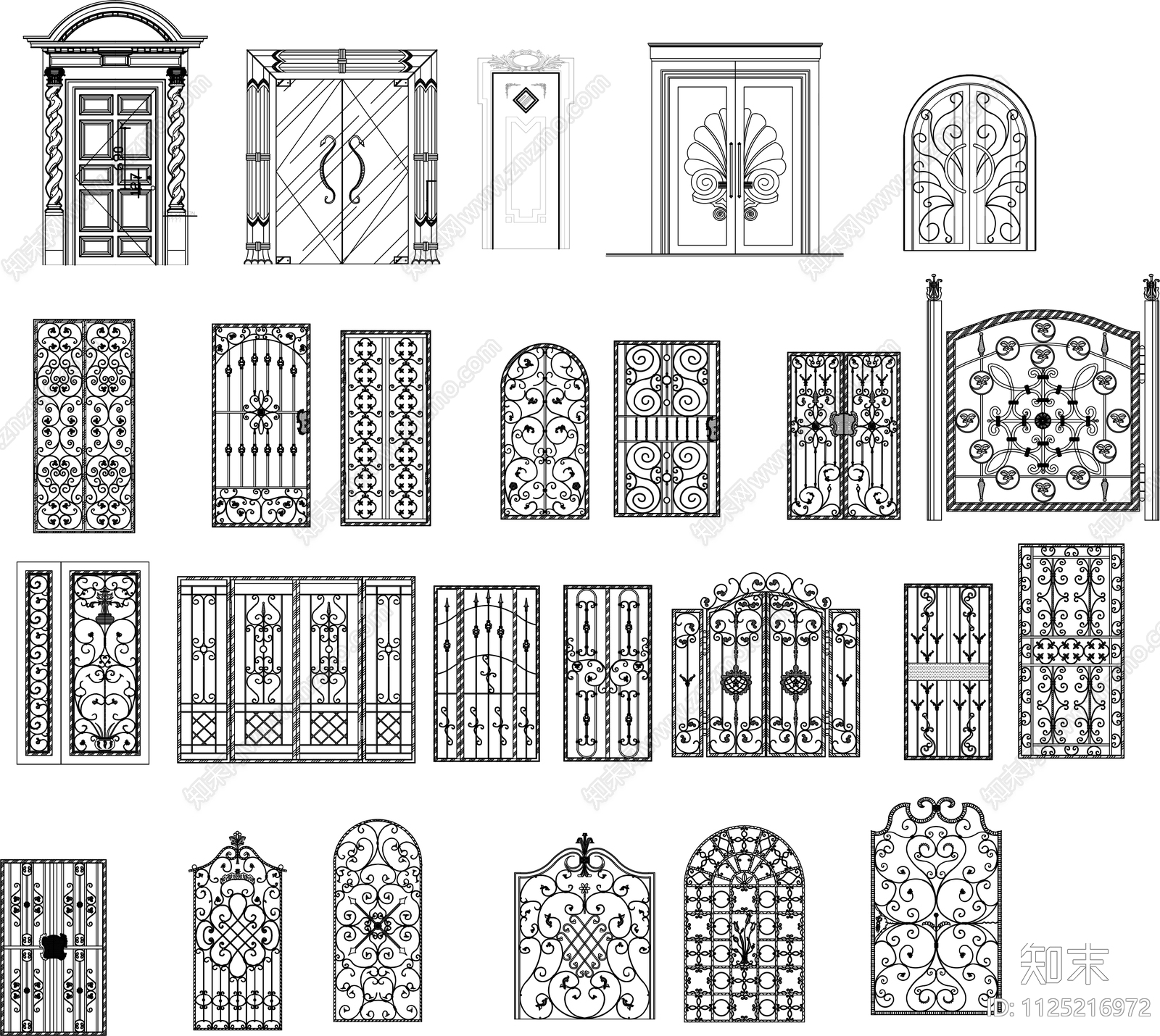 铁艺大门铁艺纹样CAD立面图库施工图下载【ID:1125216972】
