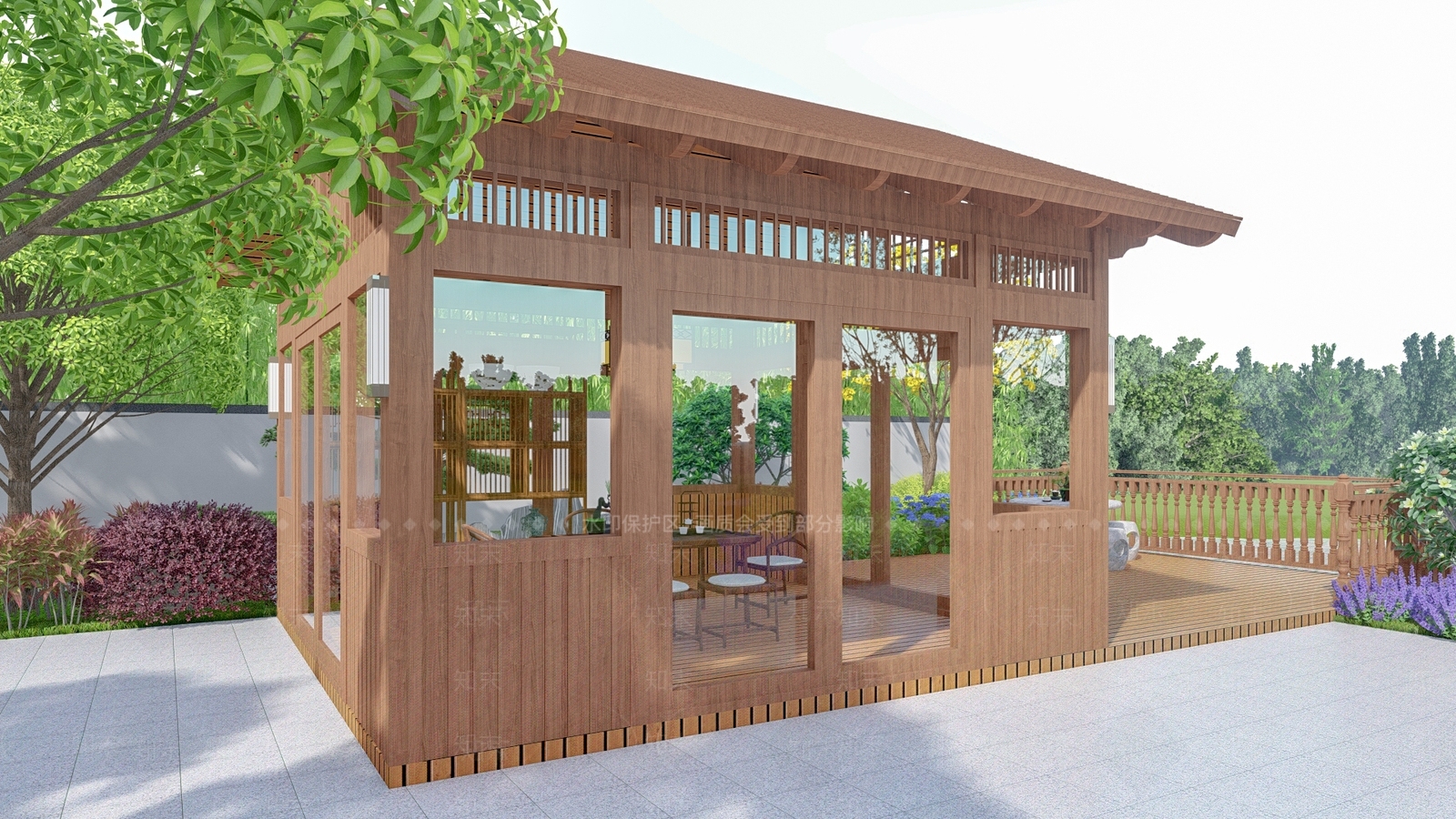 新中式防腐木阳光房茶室SU模型下载【ID:1125217746】