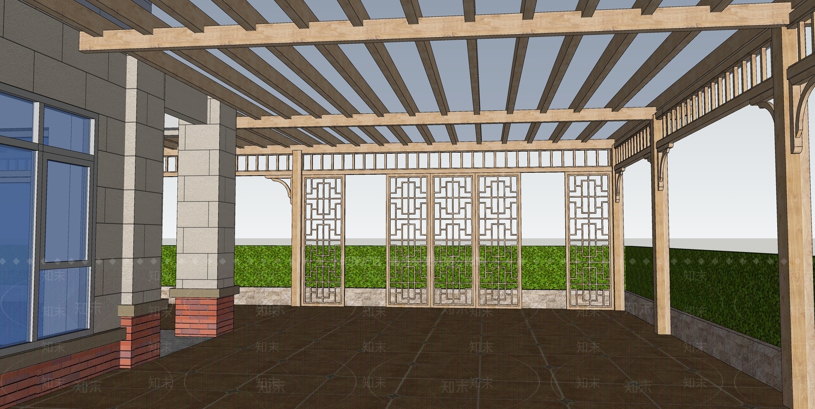 新中式防腐木廊架SU模型下载【ID:1125524068】