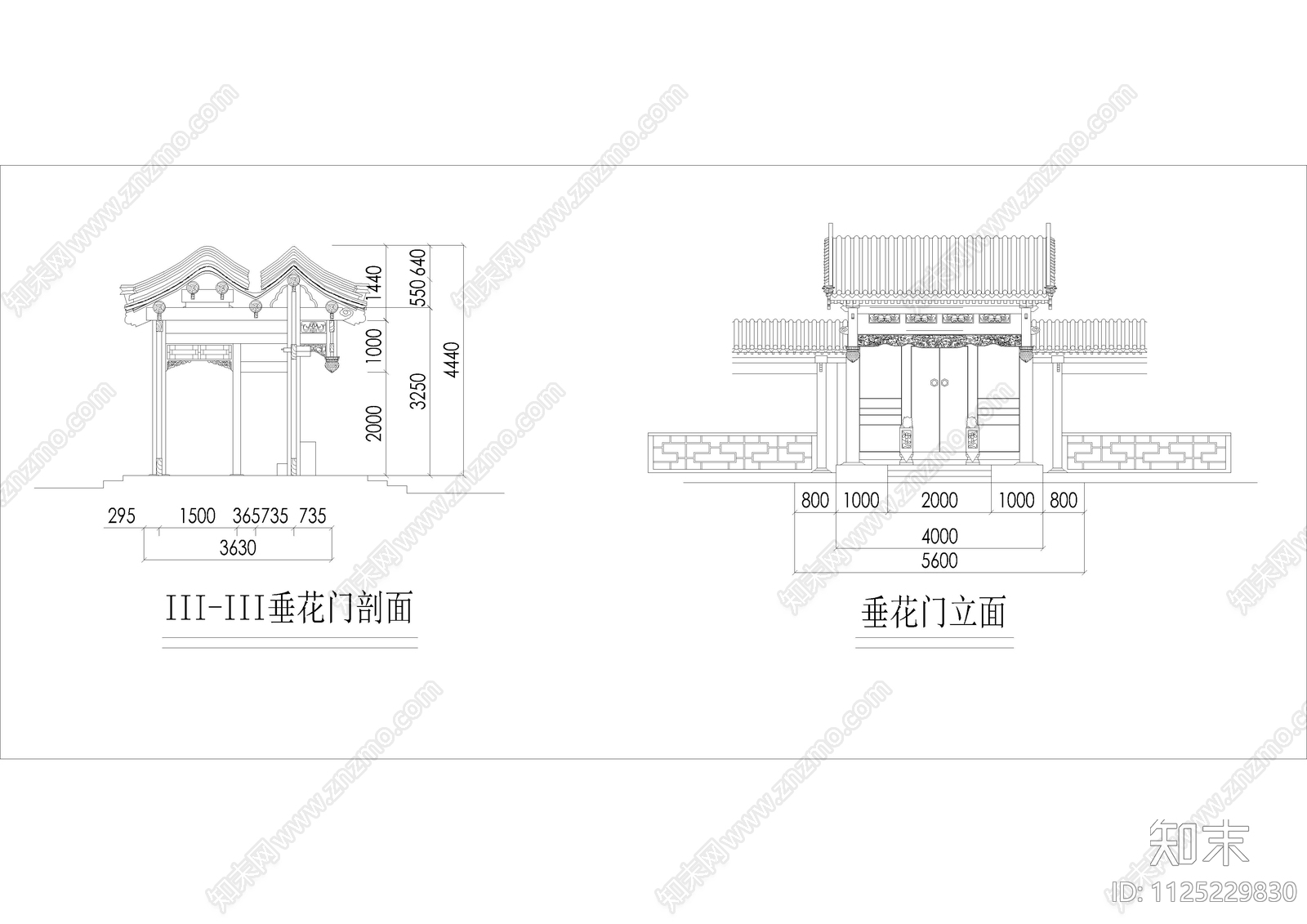 四合院垂花门立剖面图cad施工图下载【ID:1125229830】