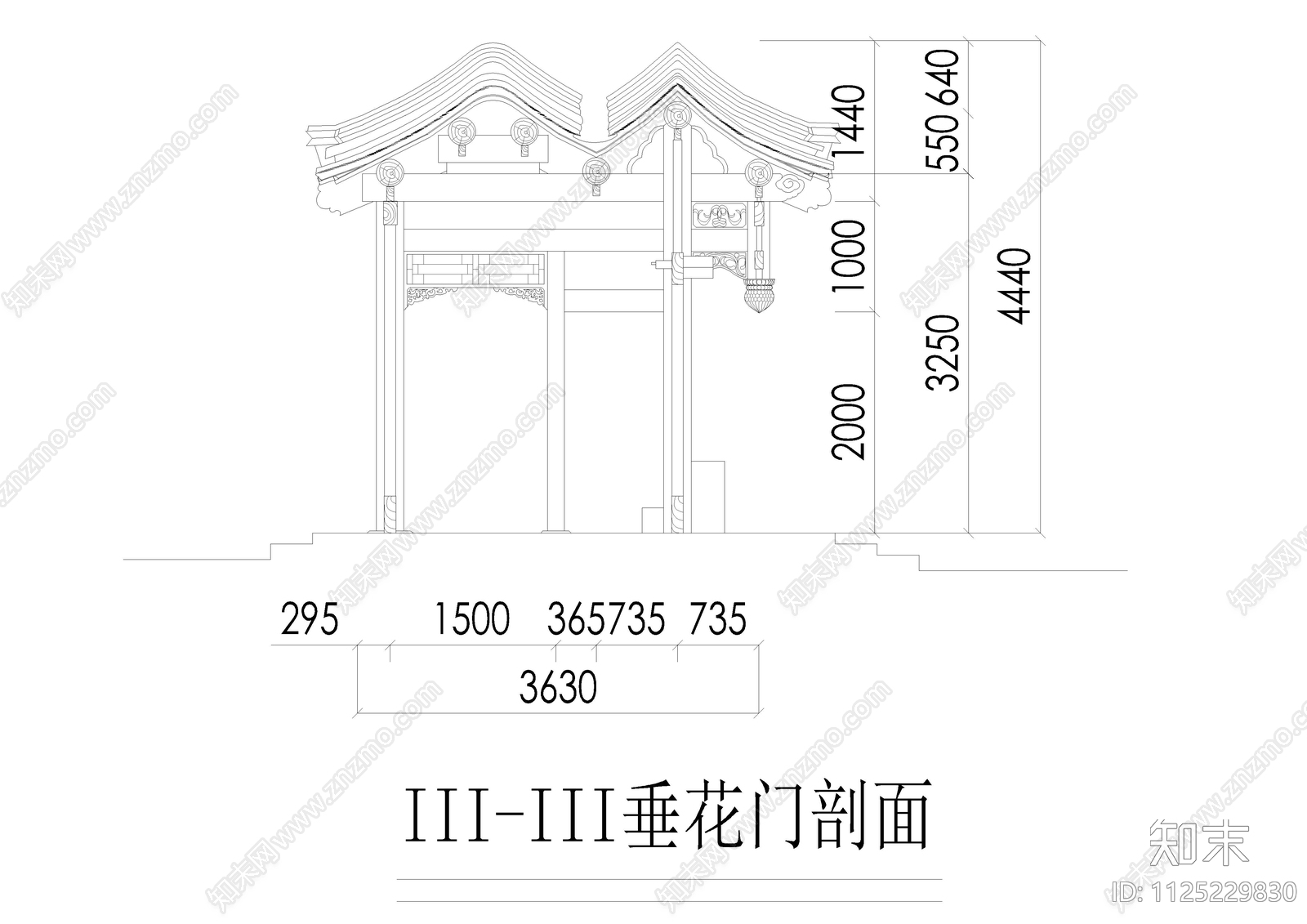 四合院垂花门立剖面图cad施工图下载【ID:1125229830】