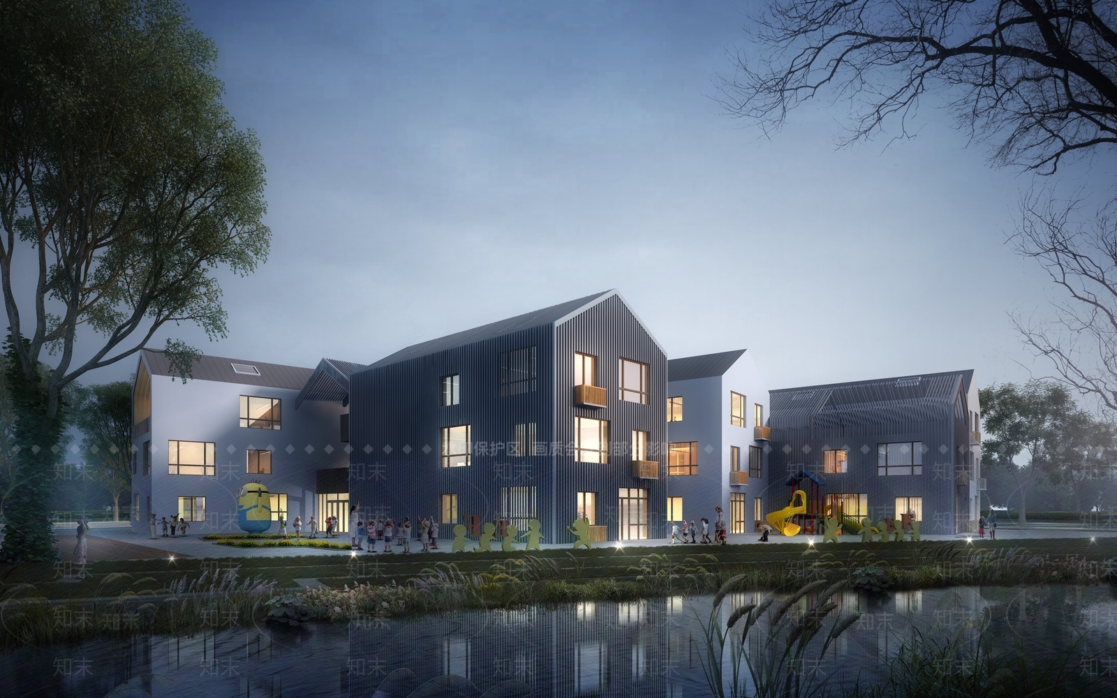 现代坡屋顶幼儿园建筑SU模型下载【ID:1125239497】
