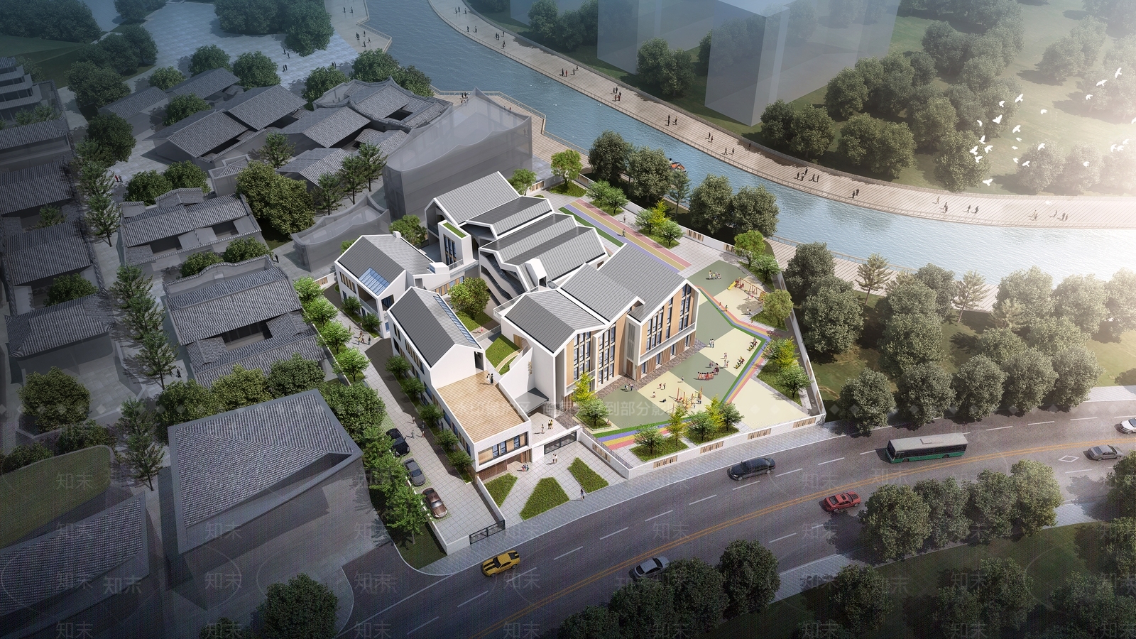 新中式坡屋顶幼儿园SU模型下载【ID:1125240149】