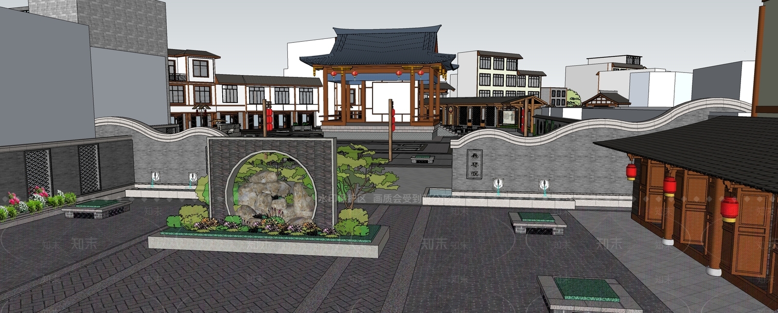 新中式乡村古镇广场景观SU模型下载【ID:1125302373】