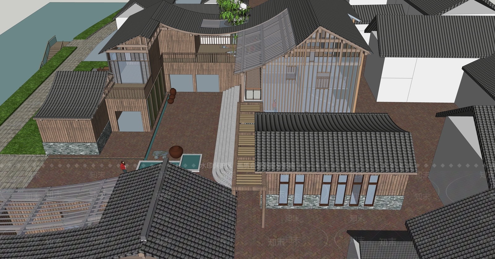 新中式民宿建筑游客服务中心SU模型下载【ID:1125302411】
