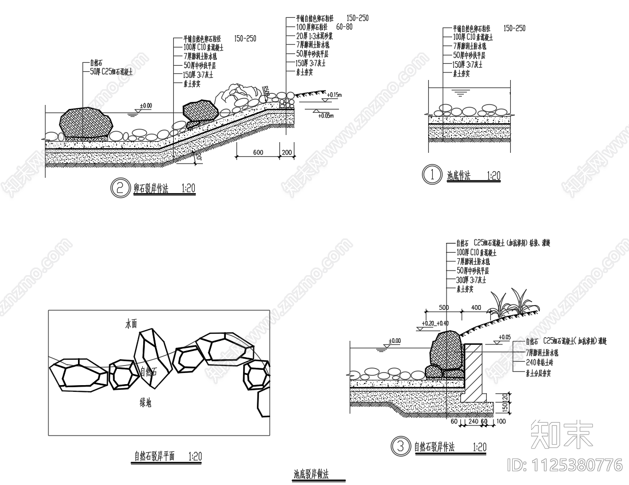 河流驳岸河道剖面做法大样图施工图下载【ID:1125380776】