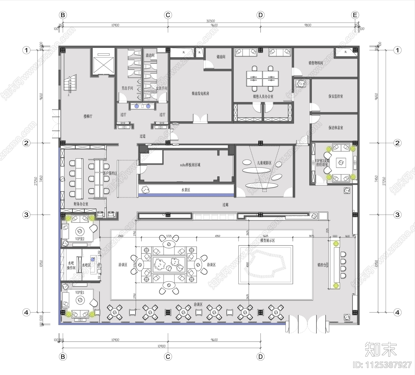 售楼处平面布置图cad施工图下载【ID:1125387927】