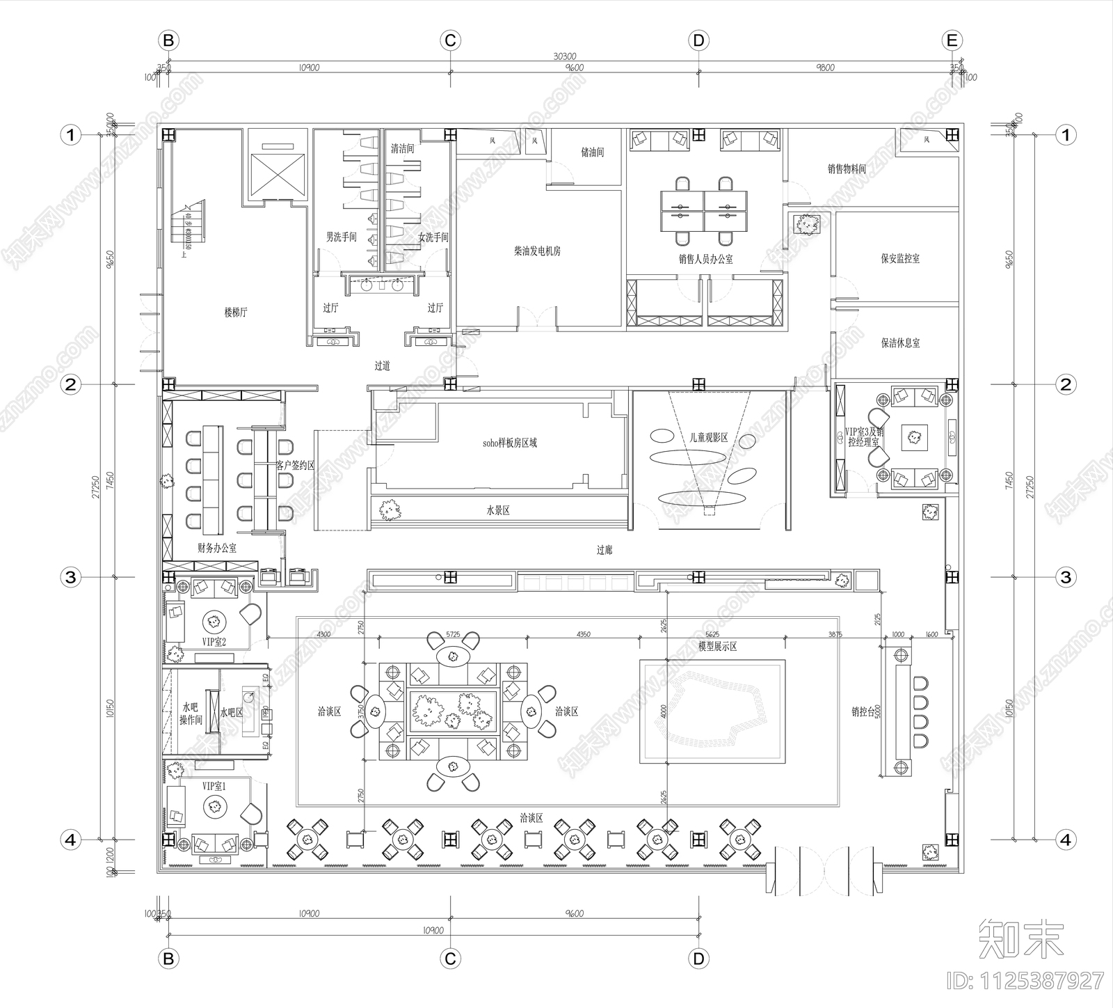 售楼处平面布置图cad施工图下载【ID:1125387927】