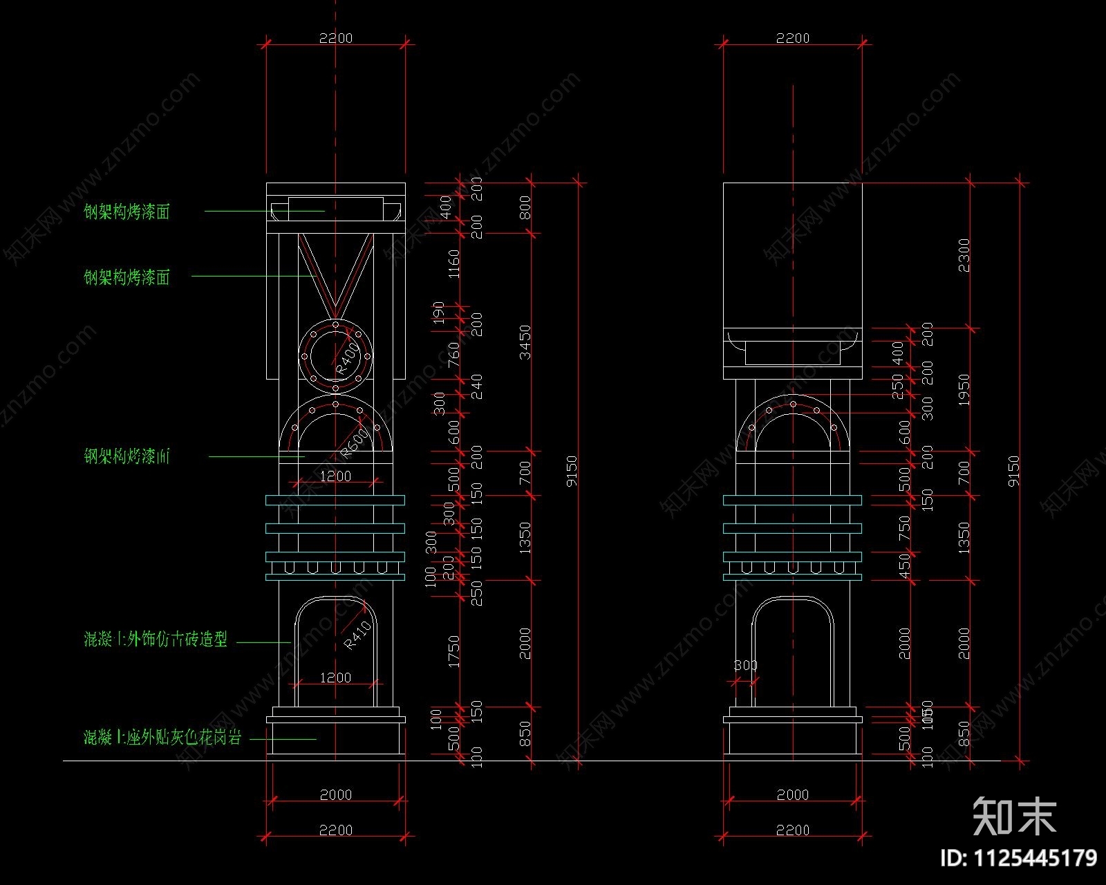 东南亚入口钢构架门廊cad施工图下载【ID:1125445179】