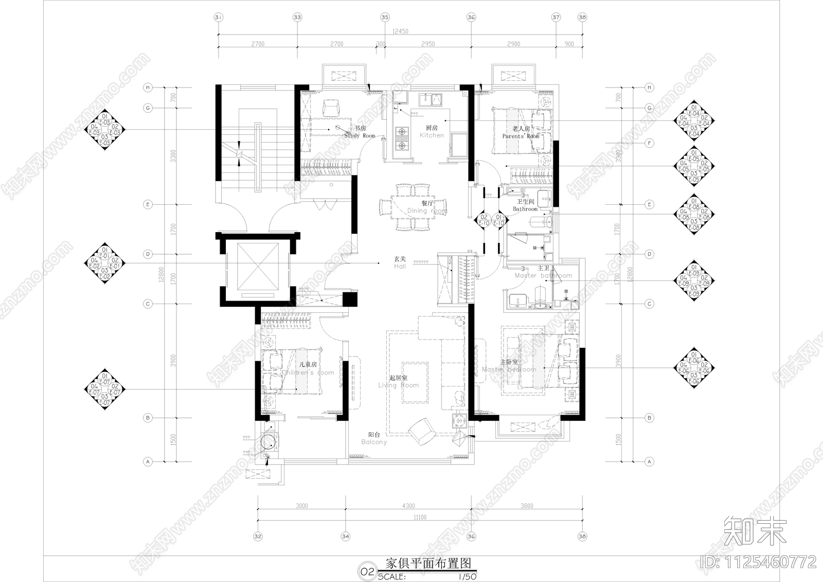 现代大平层平面图cad施工图下载【ID:1125460772】