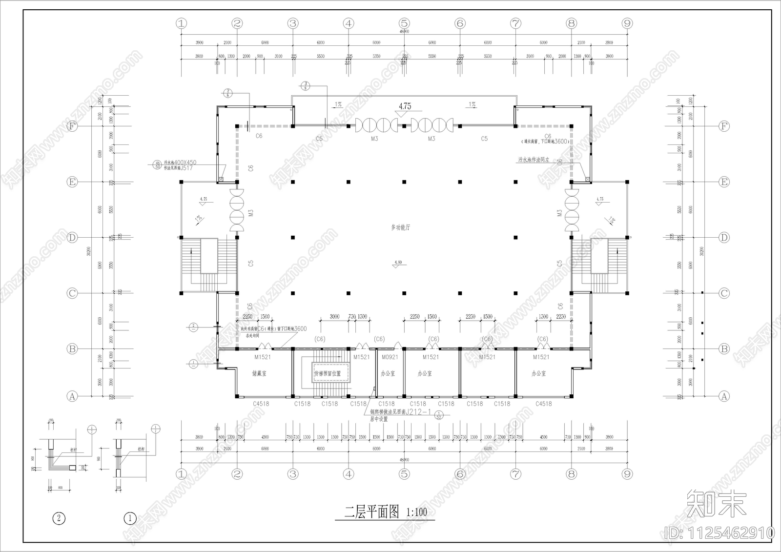 现代学院食堂多功能厅全套建筑图施工图下载【ID:1125462910】