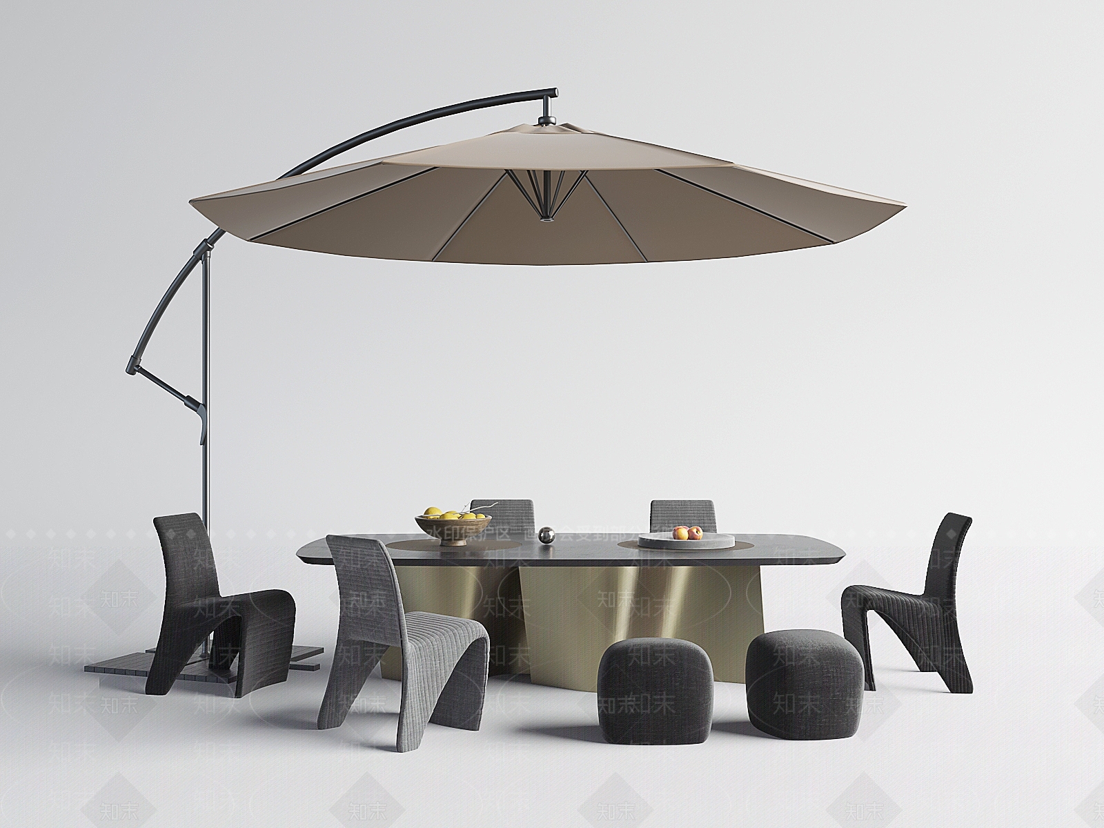 现代户外餐桌椅组合遮阳伞SU模型下载【ID:1125468566】