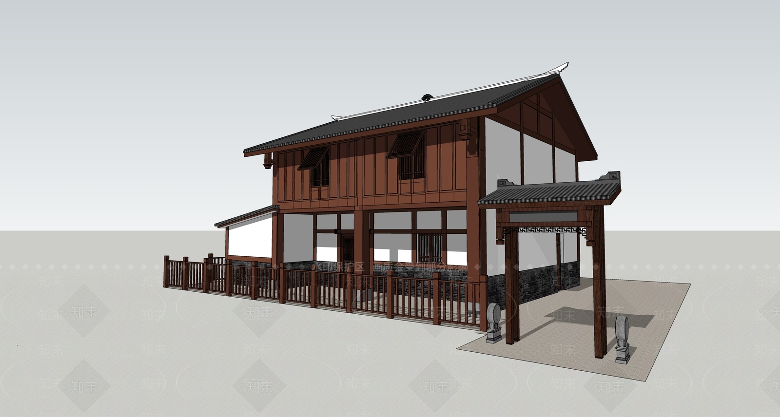 新中式名宿建筑SU模型下载【ID:1125503587】