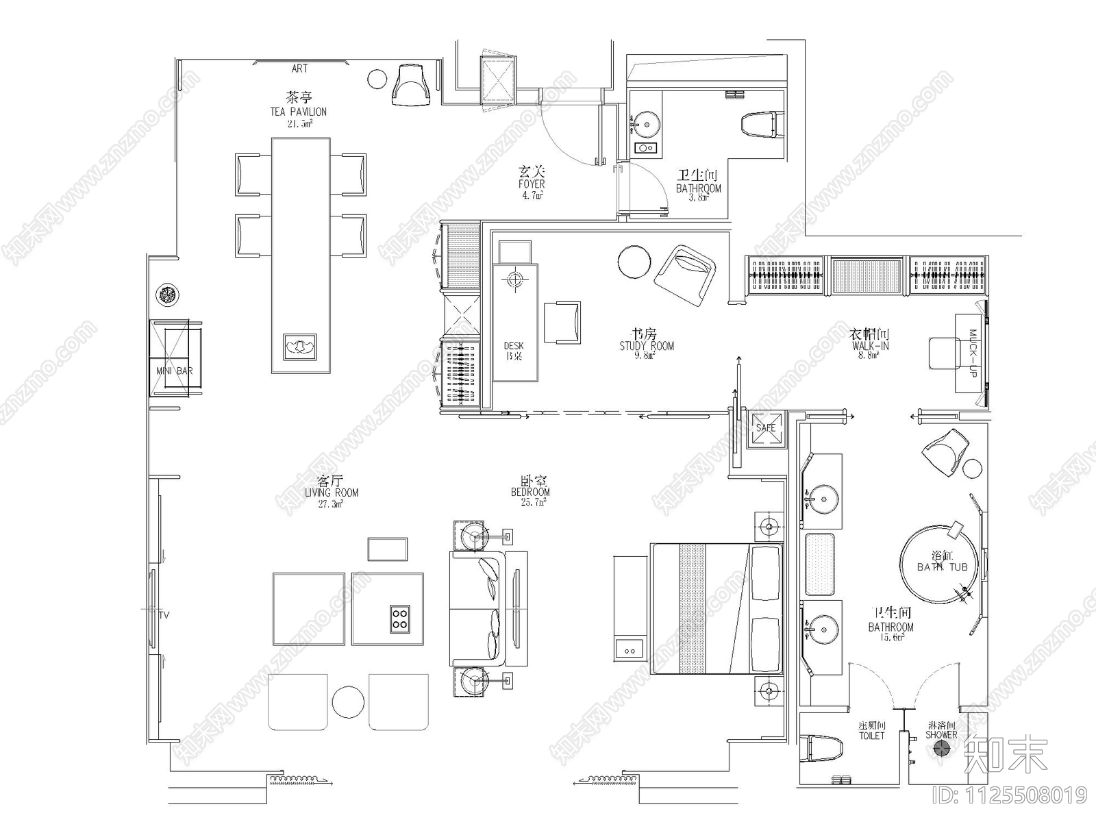 酒店豪华套房平面布置图cad施工图下载【ID:1125508019】