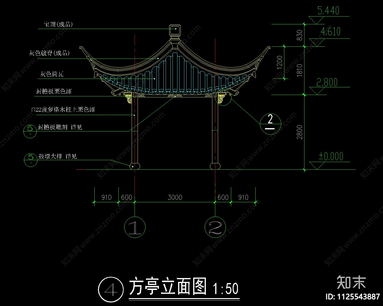 中式四角古建亭cad施工图下载【ID:1125543887】