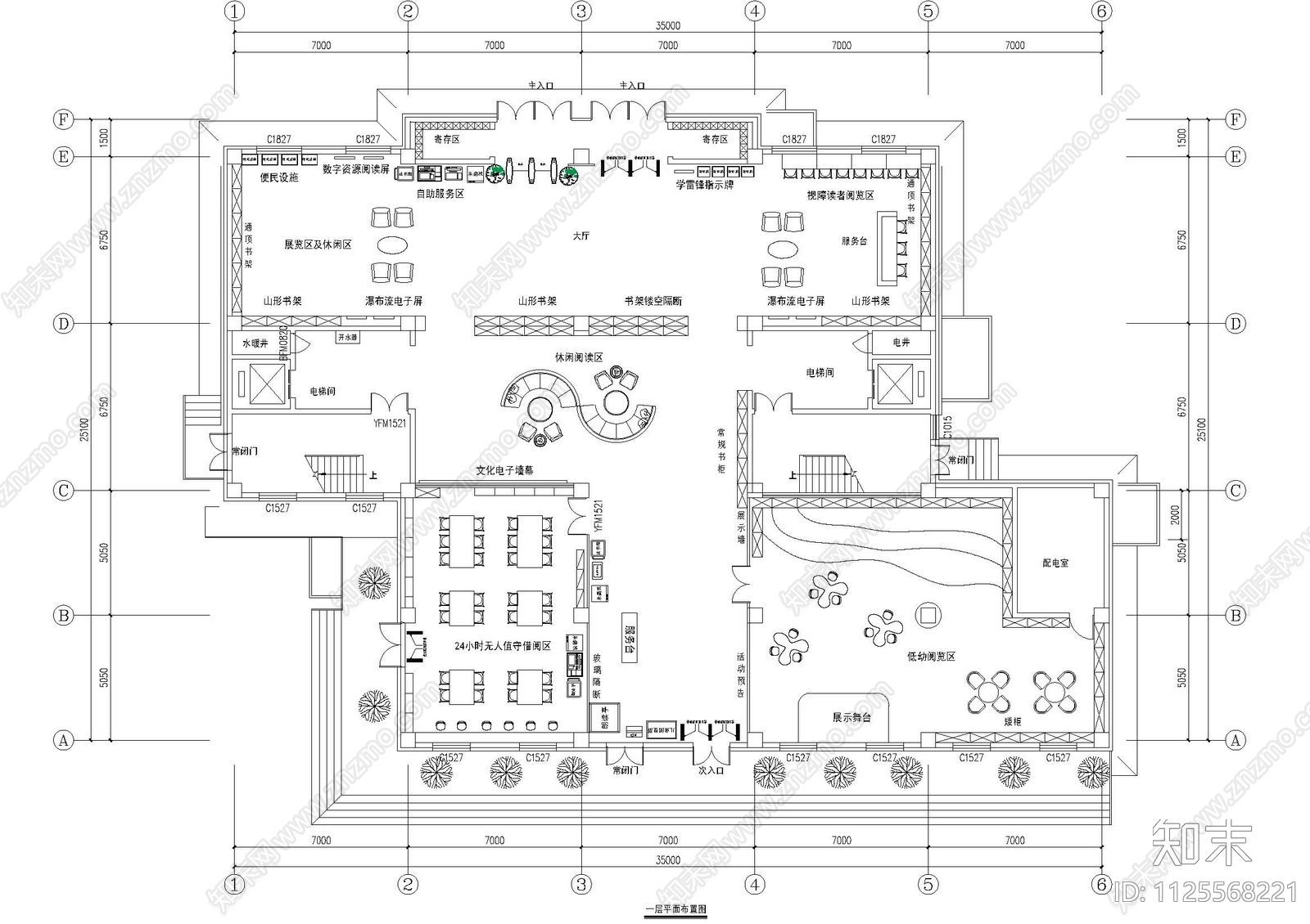 图书馆平面布置图cad施工图下载【ID:1125568221】