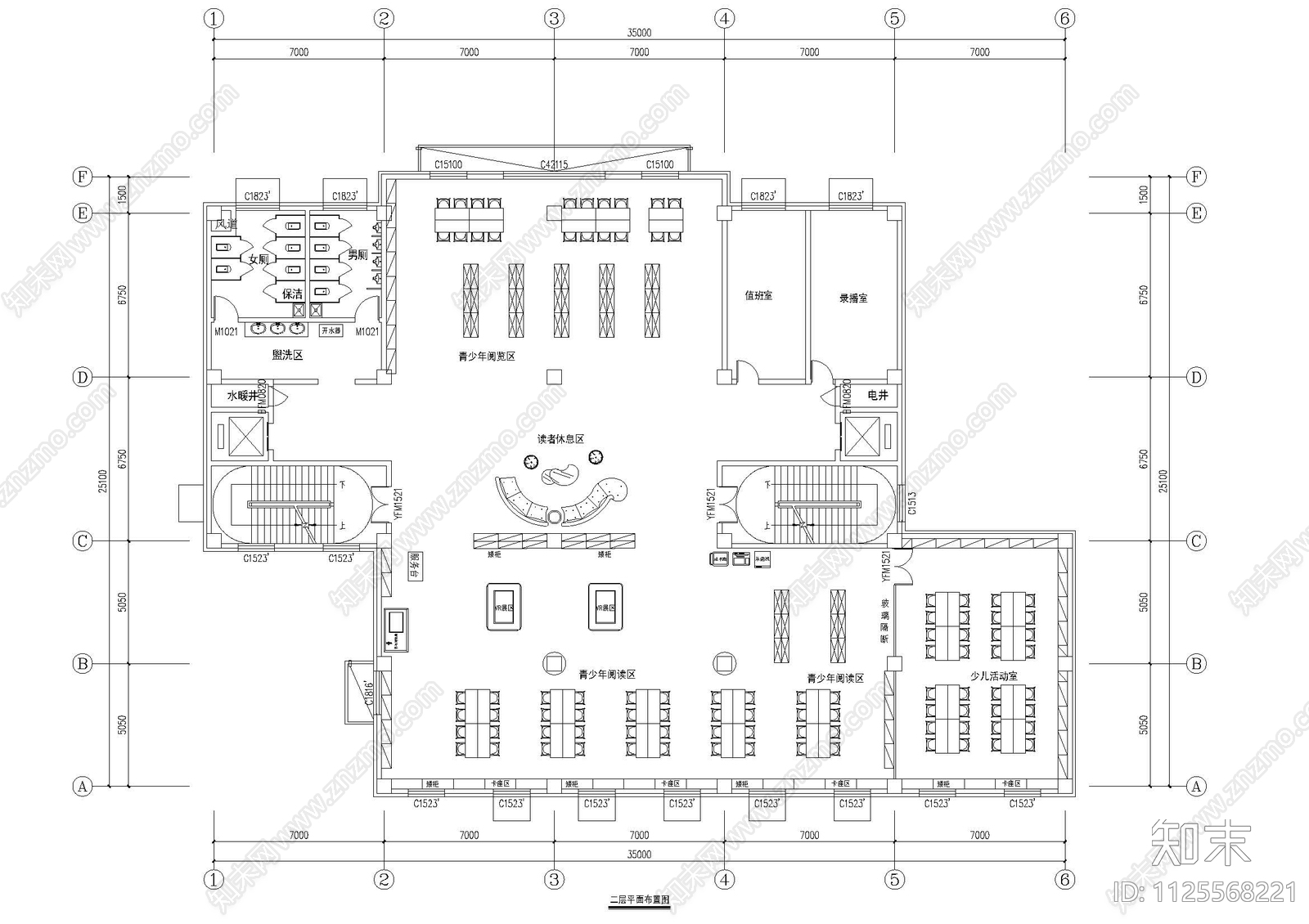 图书馆平面布置图cad施工图下载【ID:1125568221】