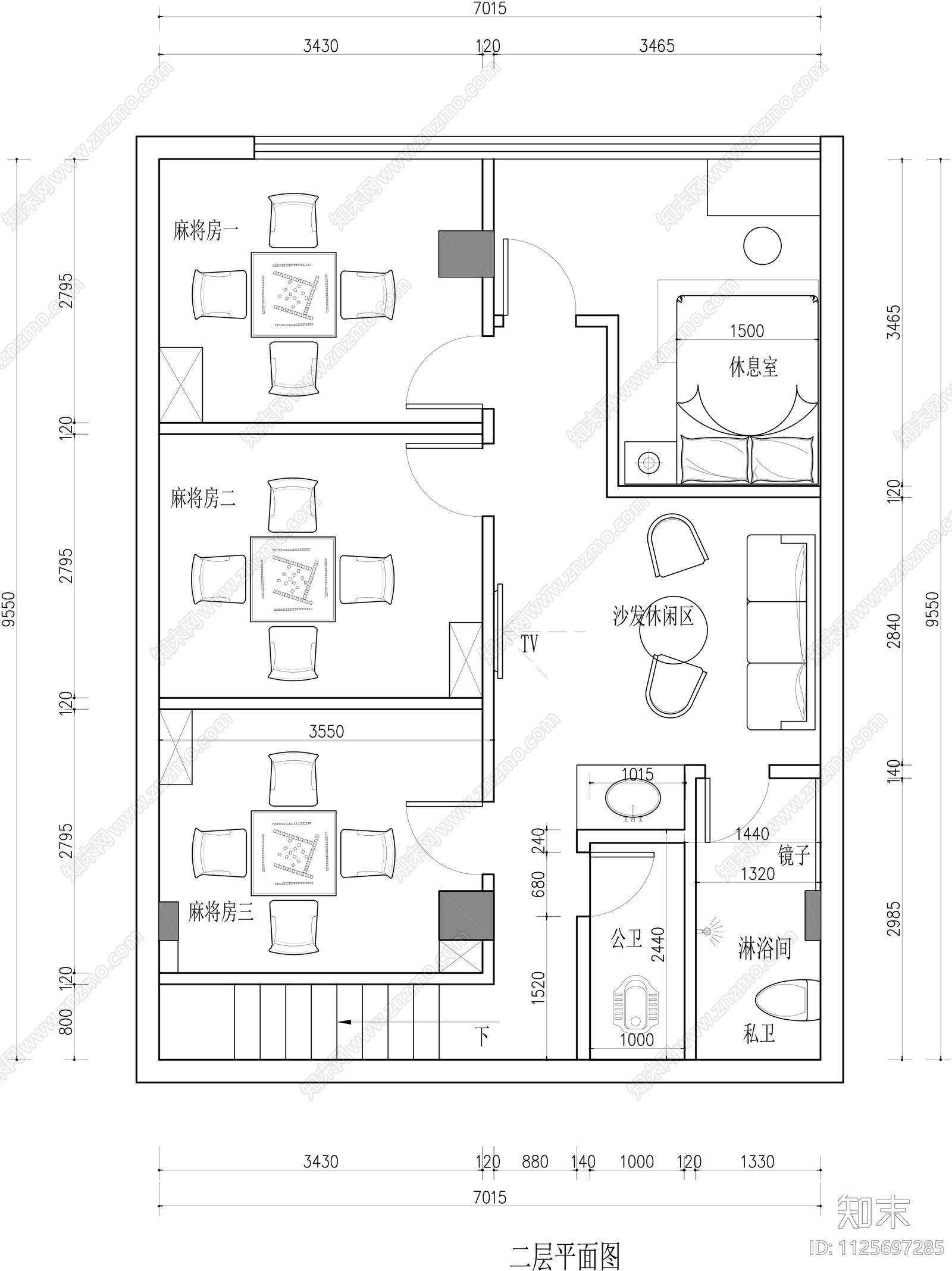 麻将房棋牌室CAD平面图施工图cad施工图下载【ID:1125697285】