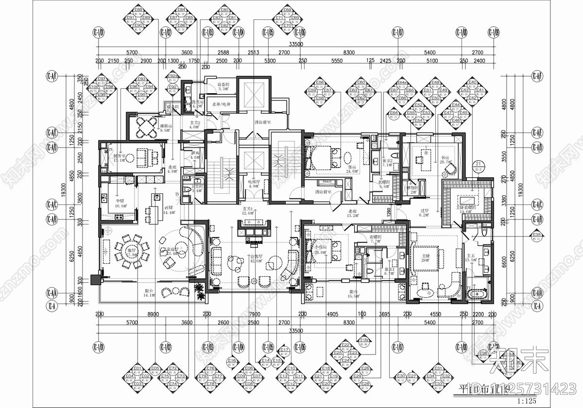 500㎡大平层家装cad施工图下载【ID:1125731423】