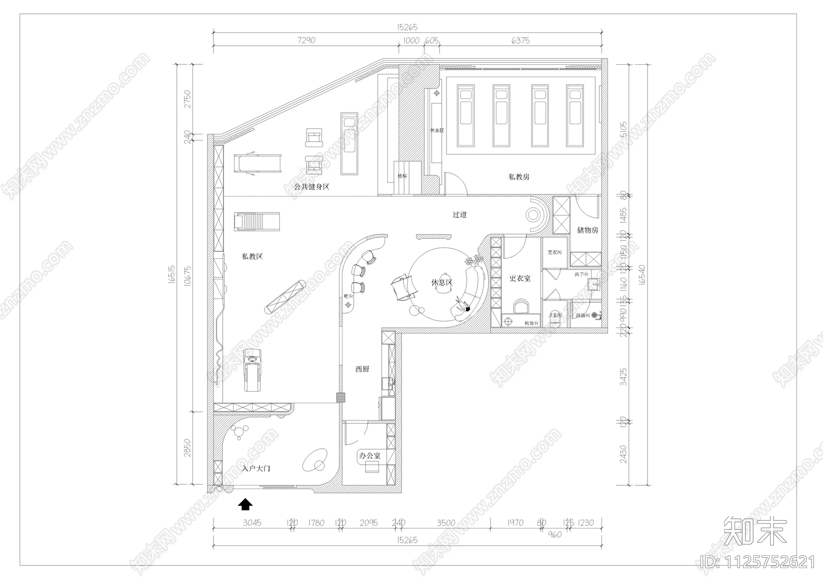 普拉提健身馆CAD平面布置图施工图下载【ID:1125752621】