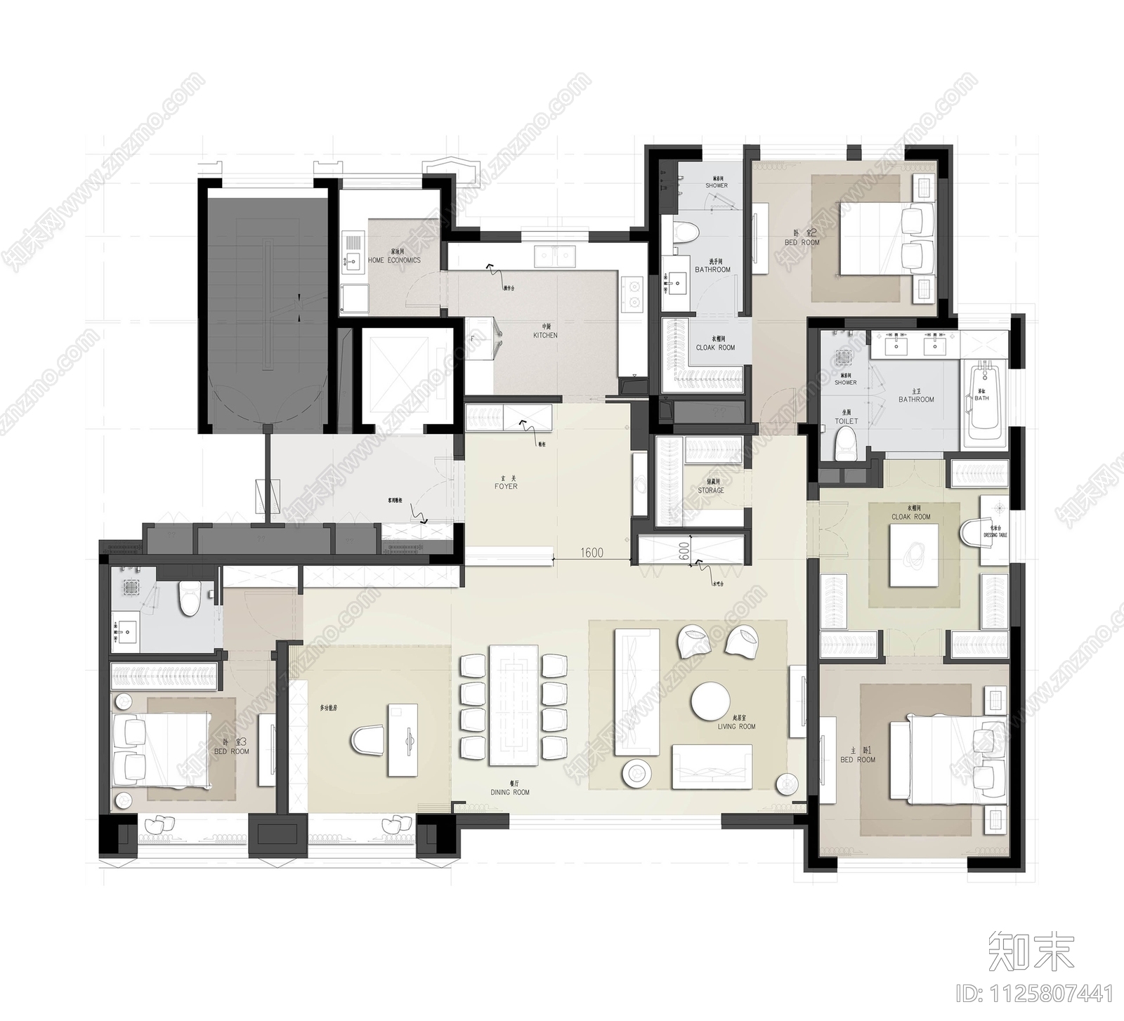 现代简约大平层CADcad施工图下载【ID:1125807441】