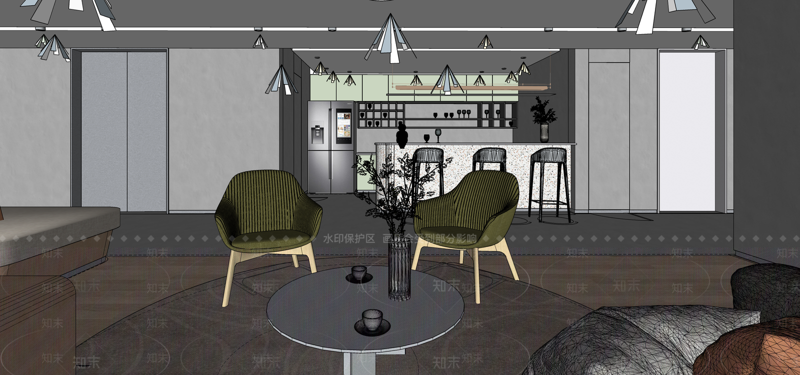 现代敞开办公区休闲茶水吧SU模型下载【ID:1125937577】