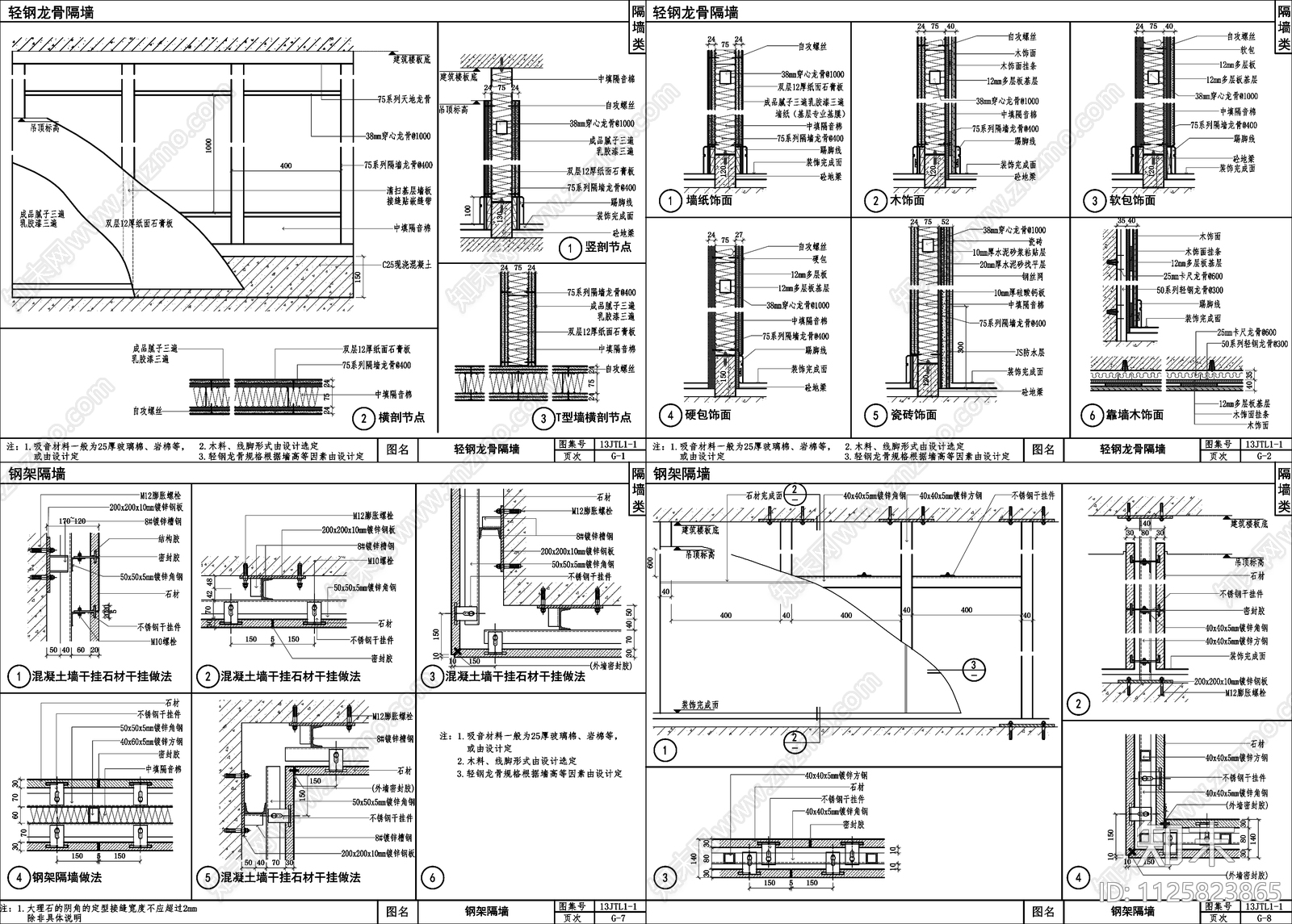 室内隔墙做法剖面节点cad施工图下载【ID:1125823865】