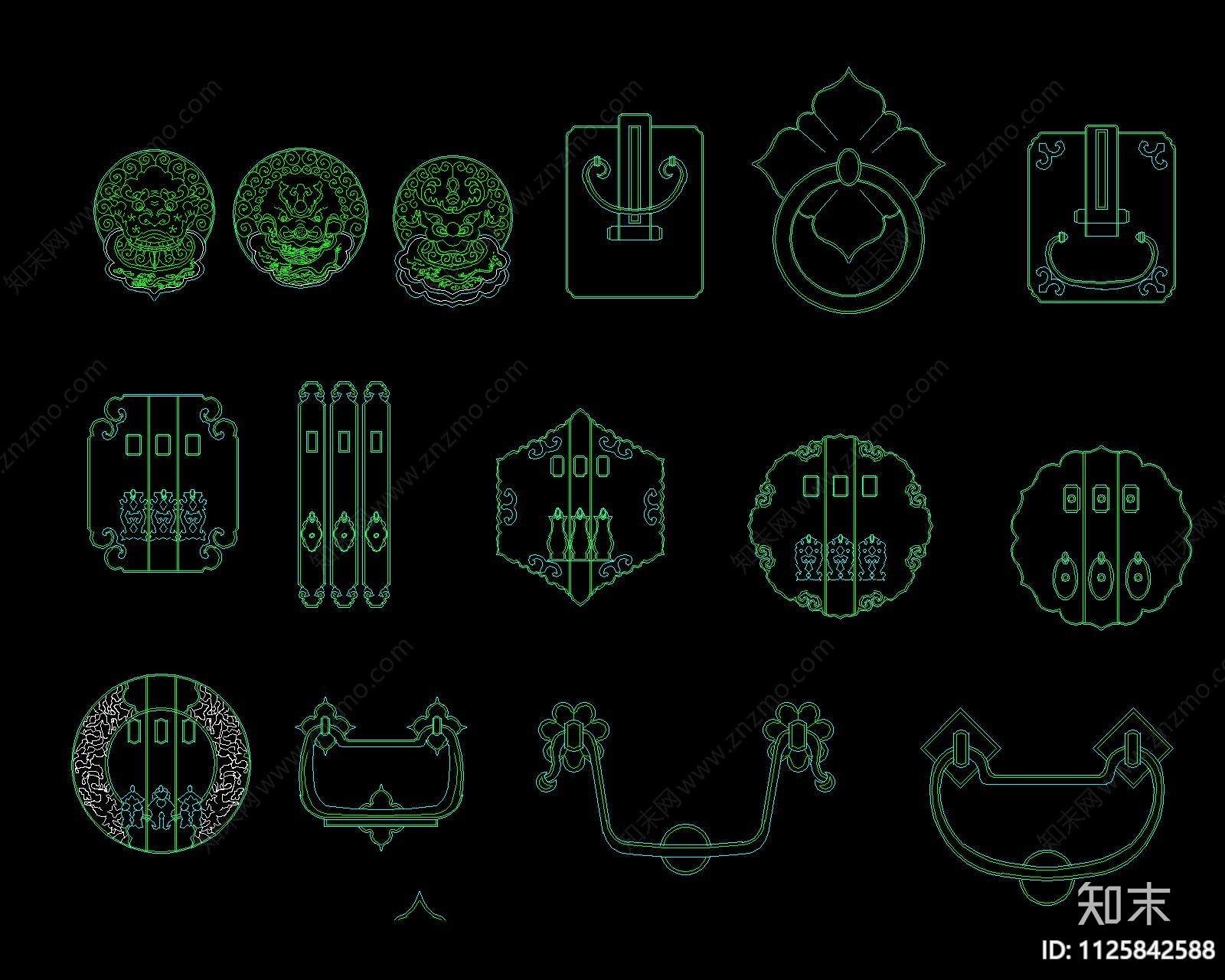 中国画中式纹理及建筑门扣CAD线条图案施工图下载【ID:1125842588】