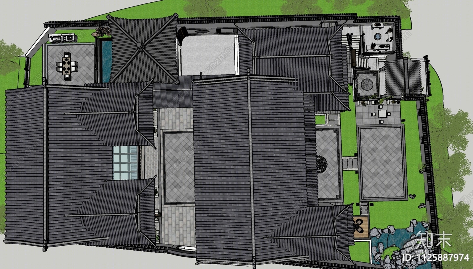 中式庭院花园SU模型下载【ID:1125887974】