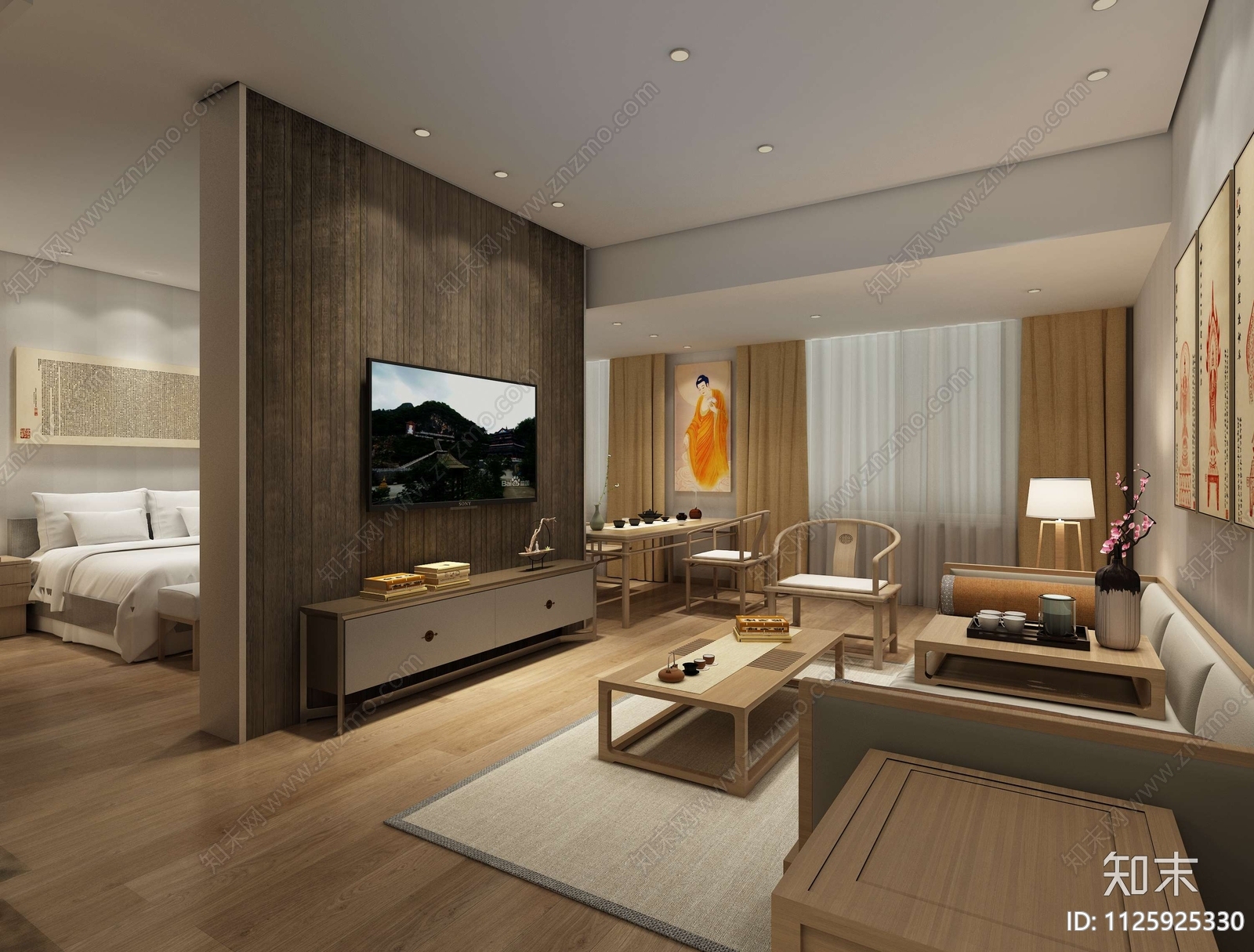 中式禅意酒店客房设计cad施工图下载【ID:1125925330】