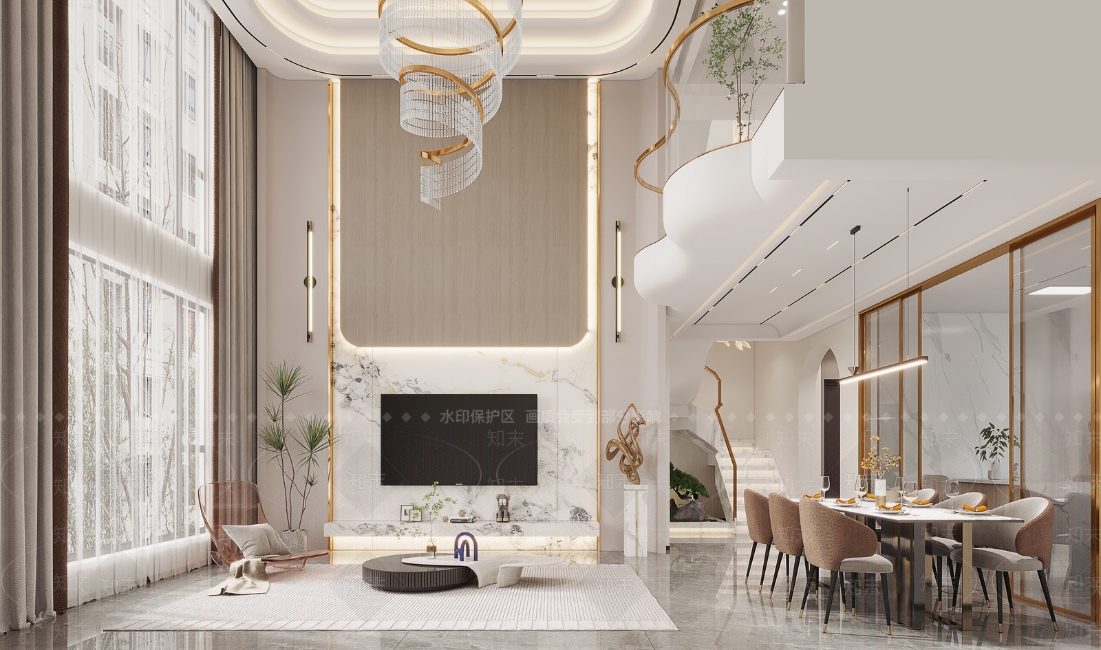 现代别墅挑空客餐厅3D模型下载【ID:1125967270】_知末3d模型网
