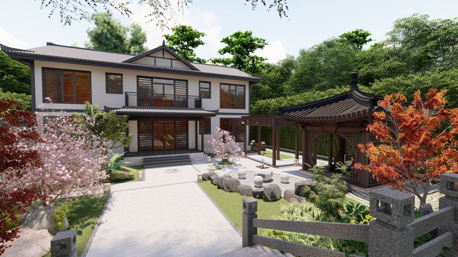 中式庭院别墅设计3D模型下载【ID:1125971146】_【知末效果图】