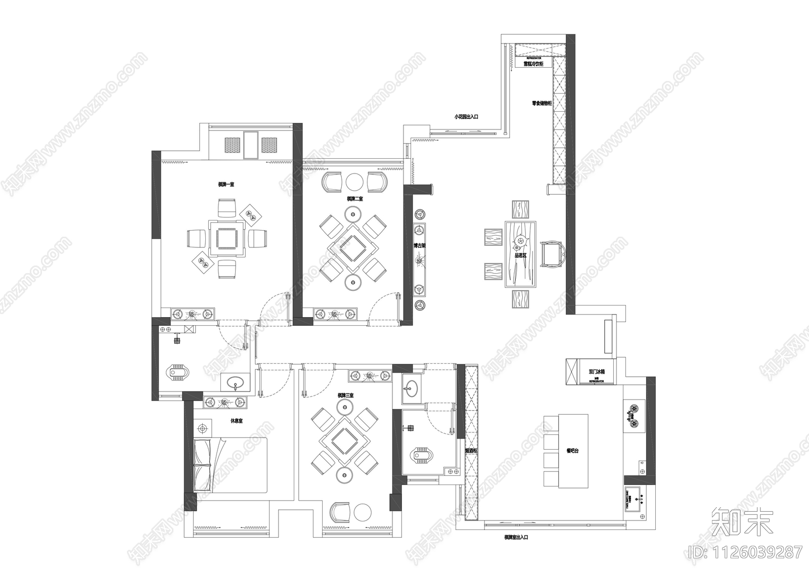 工业风棋牌室空间设计平面图cad施工图下载【ID:1126039287】