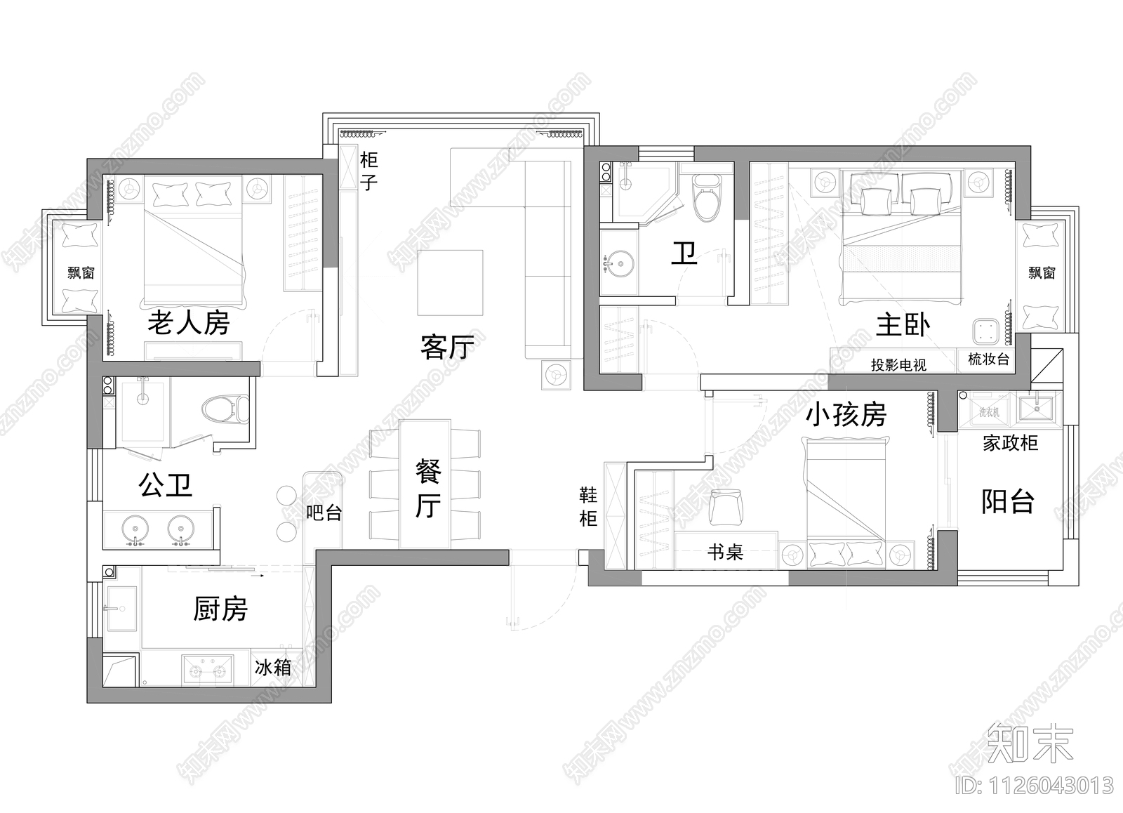 100m²家装平面图施工图下载【ID:1126043013】