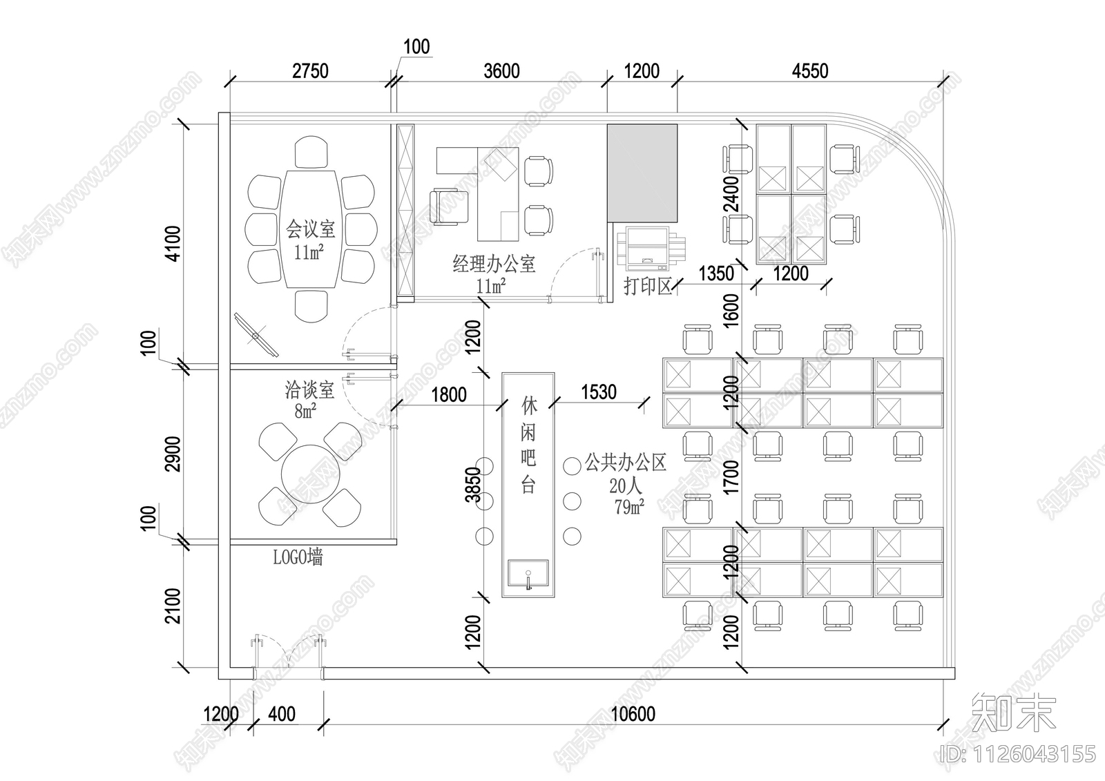 110m²办公室cad施工图下载【ID:1126043155】