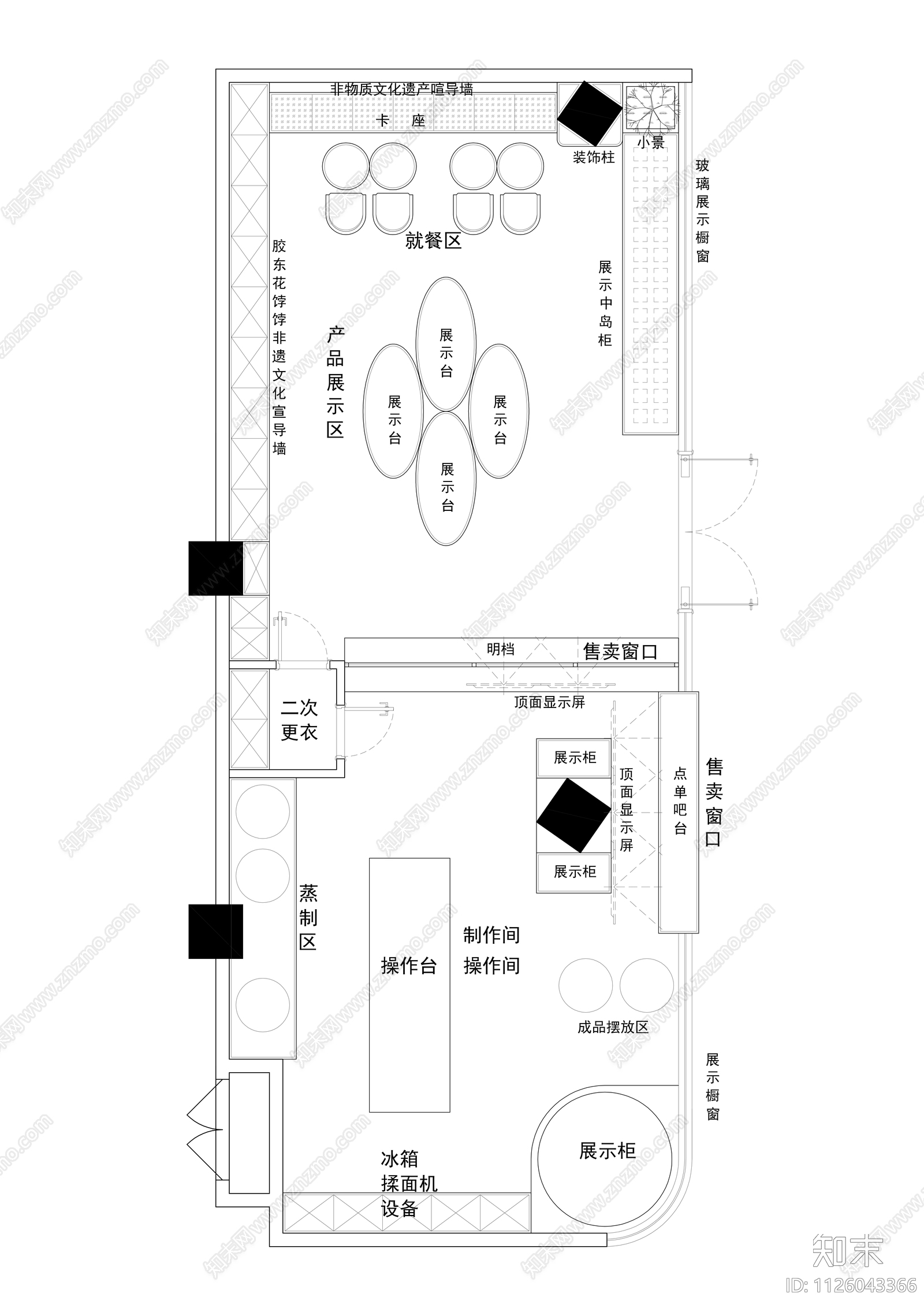 110m²花馍店平面图cad施工图下载【ID:1126043366】