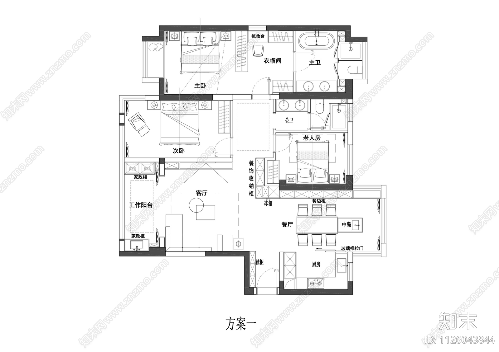 130m²法式家装平面图施工图下载【ID:1126043844】_知末案例馆