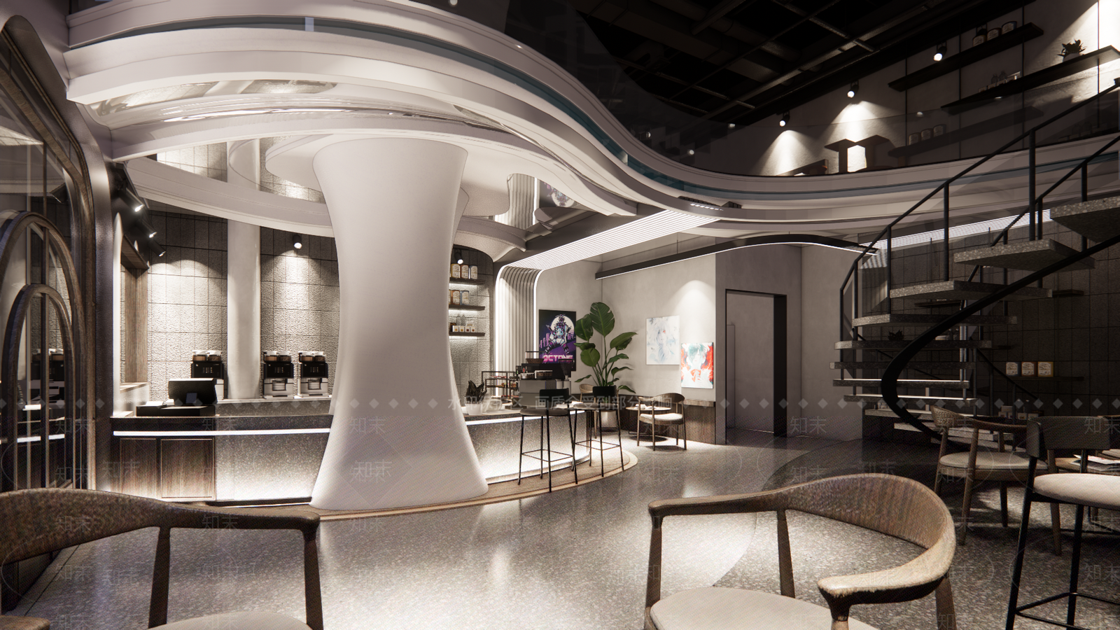现代意式曲线吊顶咖啡厅SU模型下载【ID:1126161019】