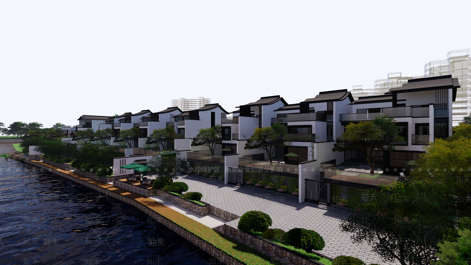 新中式滨水联排别墅SU模型下载【ID:1126118922】